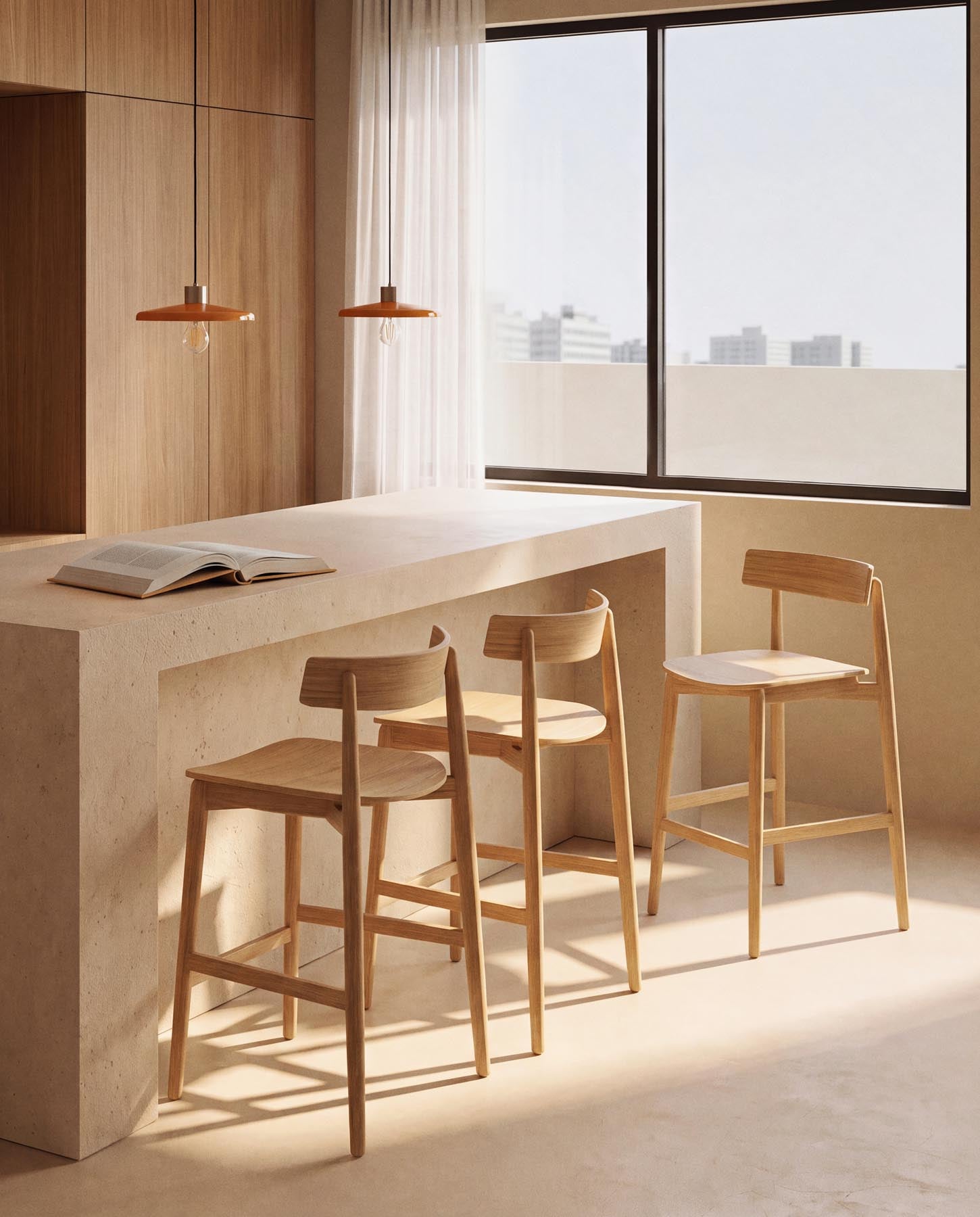 Hocker Evera mit Rückenlehne aus Eichenfurnier mit naturfarbenem Finish, 65 cm in Beige präsentiert im Onlineshop von KAQTU Design AG. Barhocker ist von Kave Home