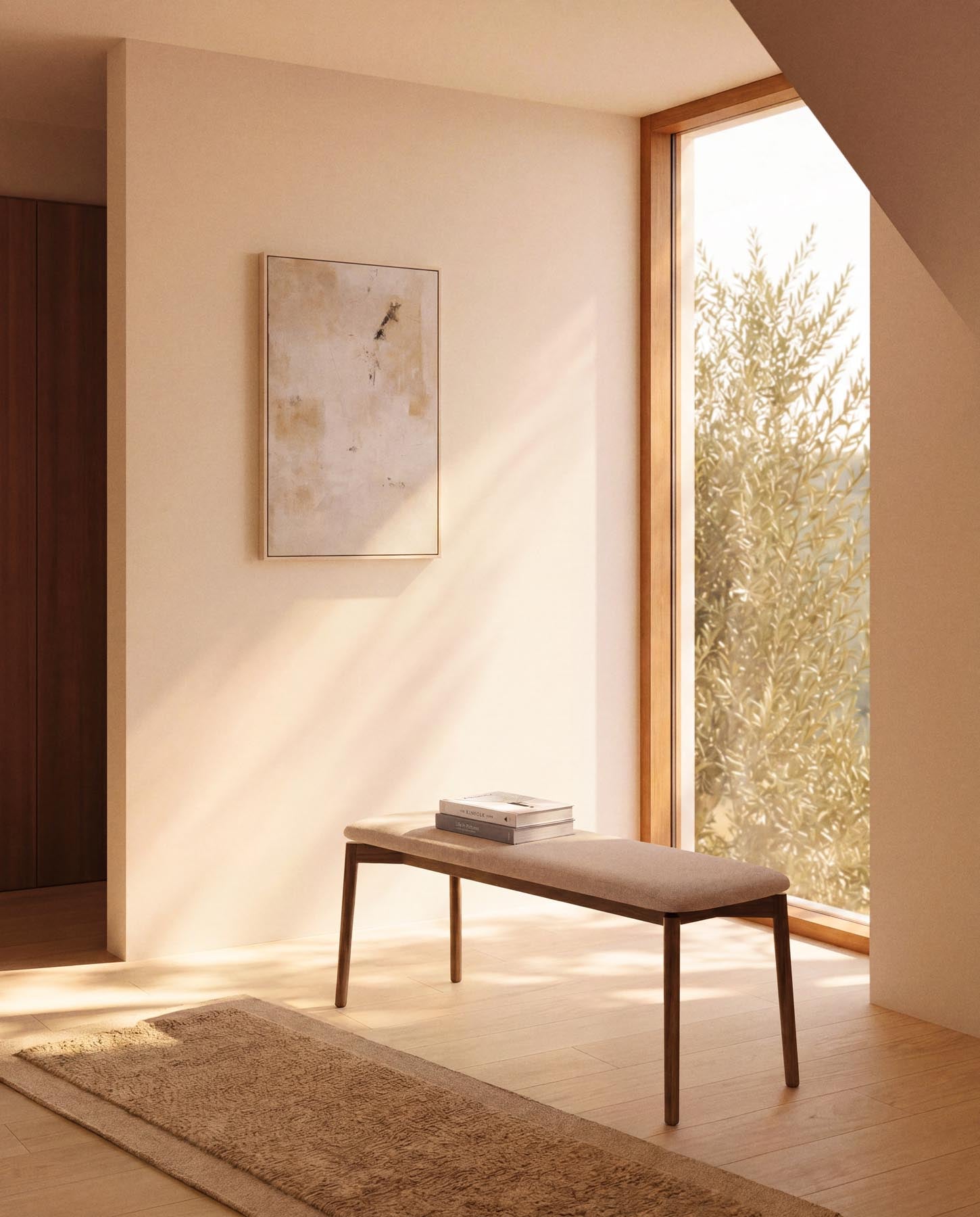 Bank Evera aus Eichenfurnier mit Nussbaumfinish und brauner Chenille, 122 cm in Braun präsentiert im Onlineshop von KAQTU Design AG. Sitzbank ist von Kave Home