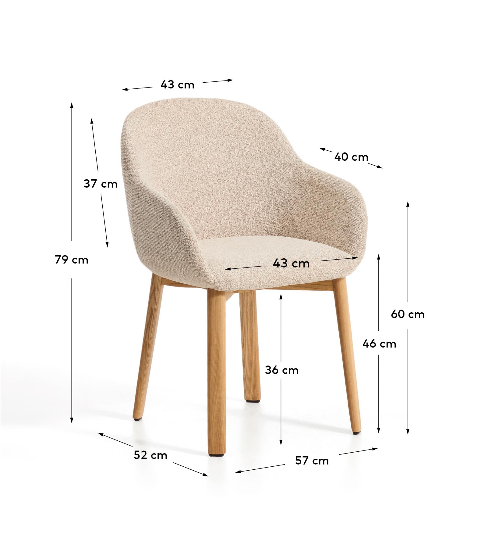 Armlehnenstuhl Meila mit beiger Chenille und Beinen aus massivem Eschenholz mit naturfarbenem Finish in Beige präsentiert im Onlineshop von KAQTU Design AG. Stuhl mit Armlehne ist von Kave Home