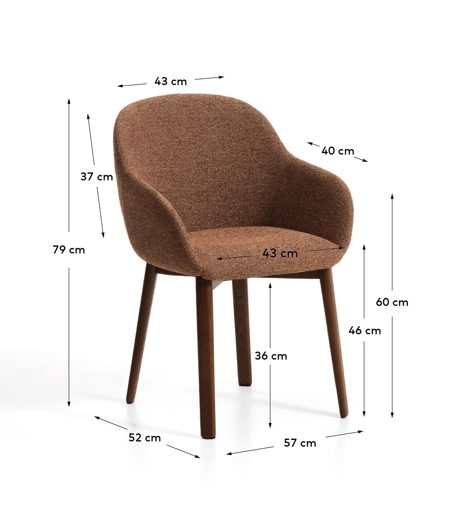 Armlehnenstuhl Meila mit terrakottafarbener Chenille und Beinen aus massivem Eschenholz mit Nussbaumfinish in Terrakotta präsentiert im Onlineshop von KAQTU Design AG. Stuhl mit Armlehne ist von Kave Home