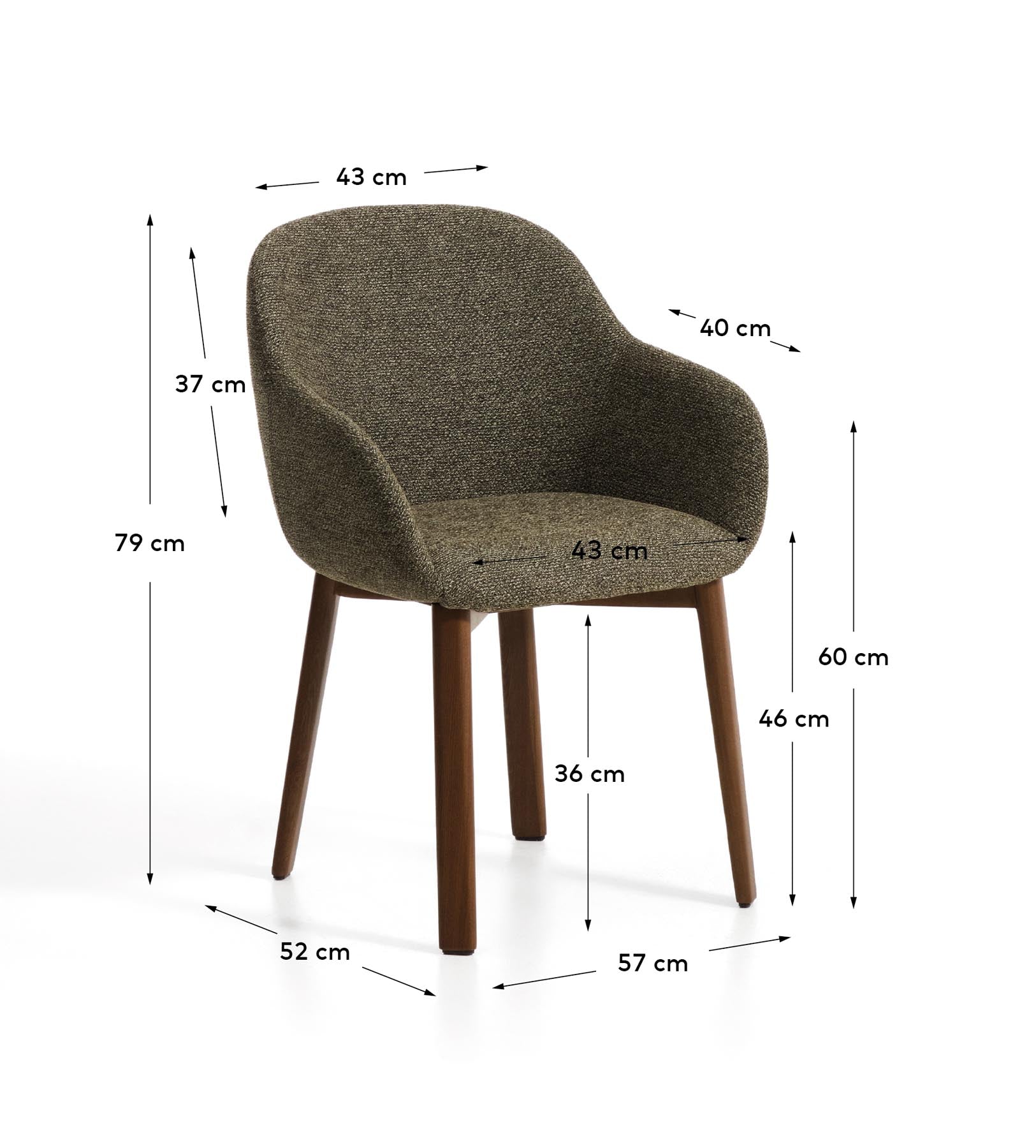 Armlehnenstuhl Meila mit grüner Chenille und Beinen aus massivem Eschenholz mit Nussbaumfinish in Grün präsentiert im Onlineshop von KAQTU Design AG. Stuhl mit Armlehne ist von Kave Home