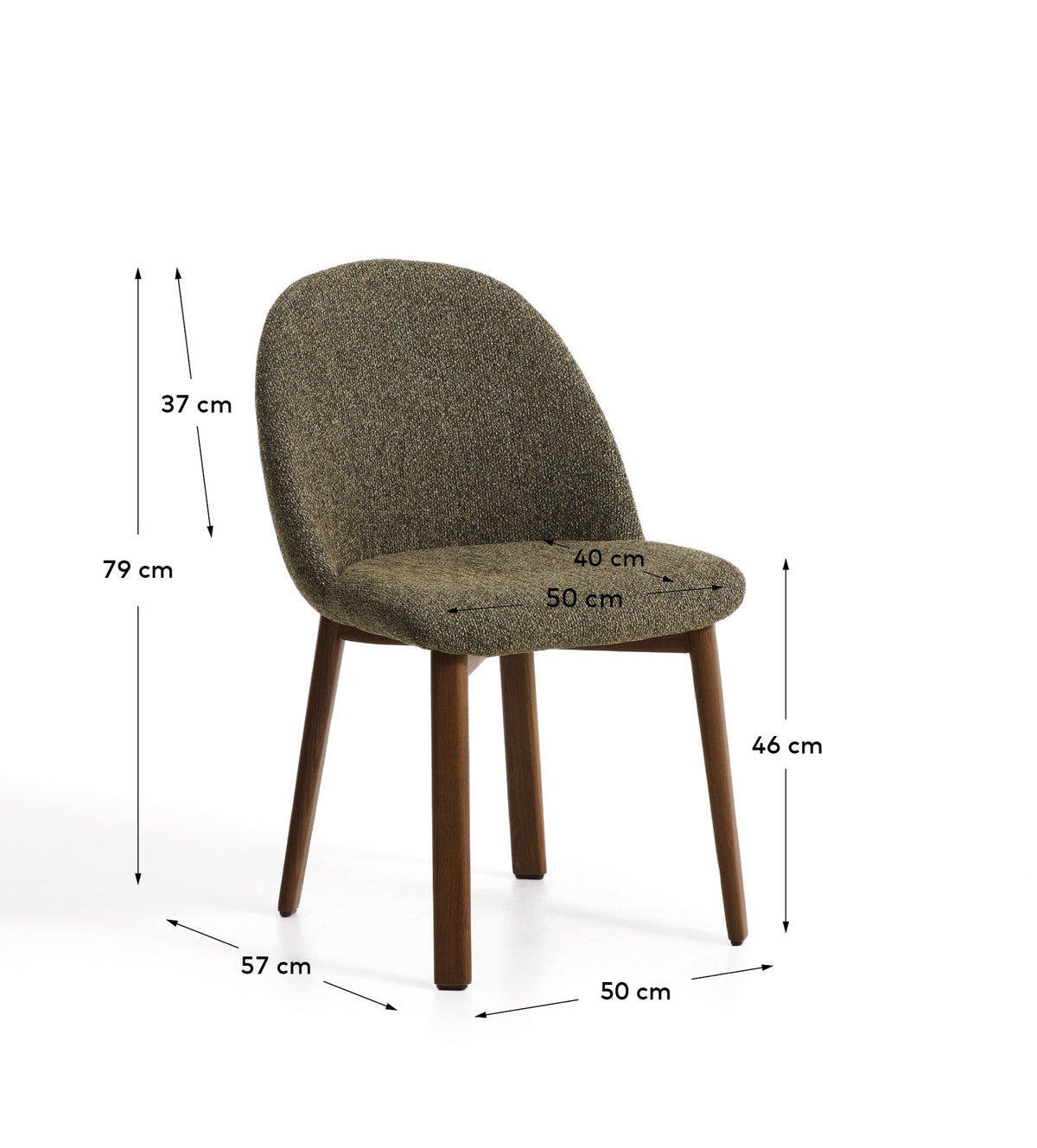 Stuhl Meila mit grünem Chenille-Bezug, durchgehender Rückenlehne und Beinen aus massivem Eschenholz mit Nussbaumfinish, Frontalansicht.