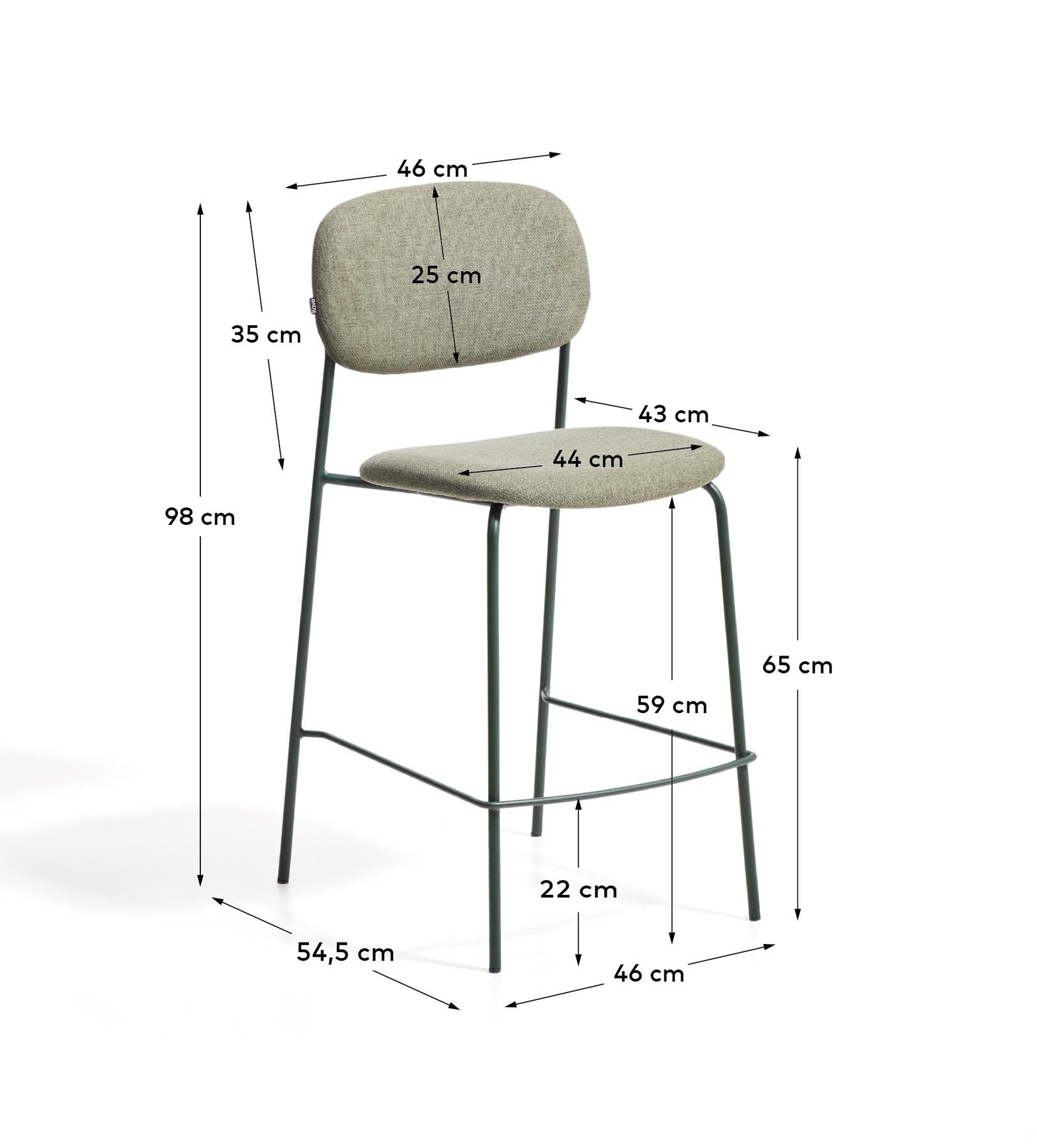 Stapelbarer Hocker Meli mit grüner Chenille und Beinen aus grünem Metall, FSC Mix Credit, 65 cm in Grün präsentiert im Onlineshop von KAQTU Design AG. Barhocker ist von Kave Home