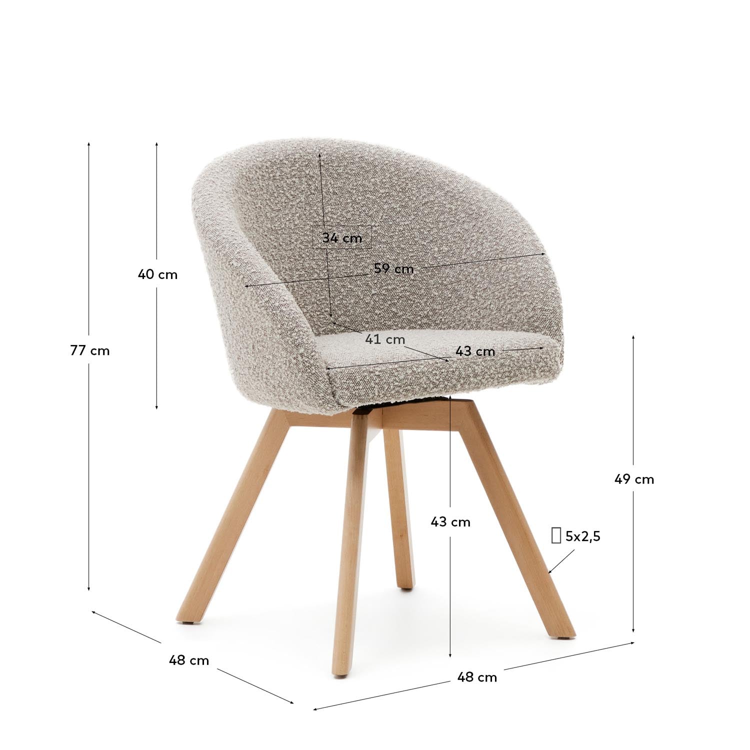 Eleganter Marvin Drehstuhl in Grau mit Bouclé-Polsterung und stabilen Buchenholzbeinen. Ideal für Büro und Wohnzimmer, vereint Komfort und modernes Design.