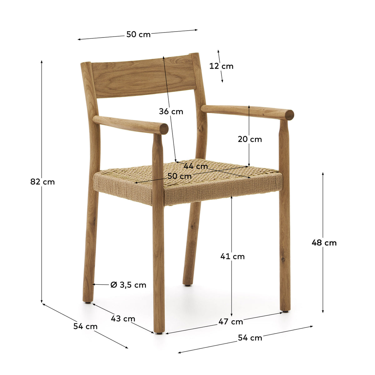 Yalia Stuhl aus massivem Eichenholz mit naturfarbenem Finish und Sitzfläche aus Seil FSC Mix Credit in Natur präsentiert im Onlineshop von KAQTU Design AG. Gartenstuhl mit Armlehnen ist von Kave Home