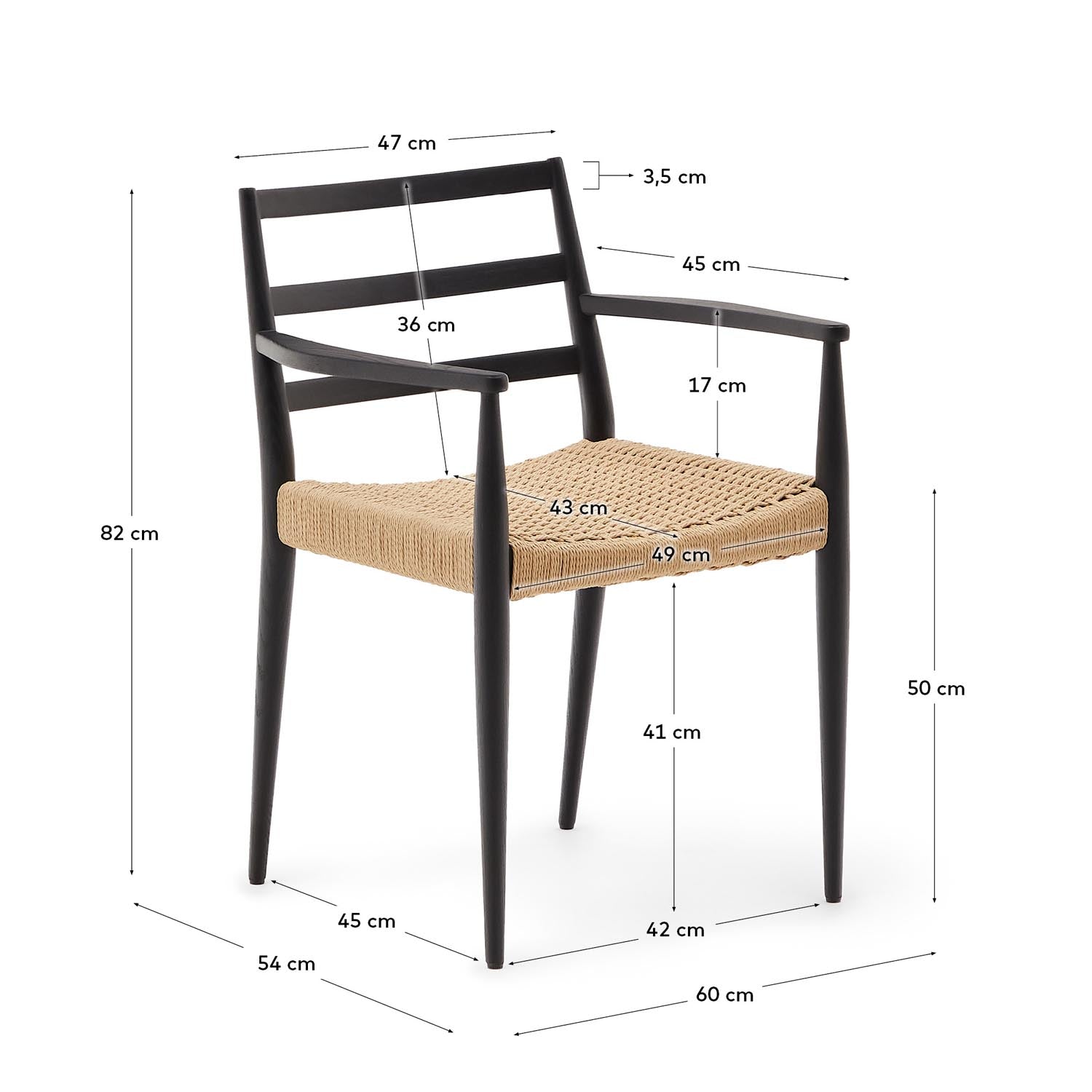 Stilvoller Analy Stuhl mit Armlehnen aus massivem Eichenholz und schwarzem Finish. Bequemer Seilsitz, ideal für modernes Wohnen.