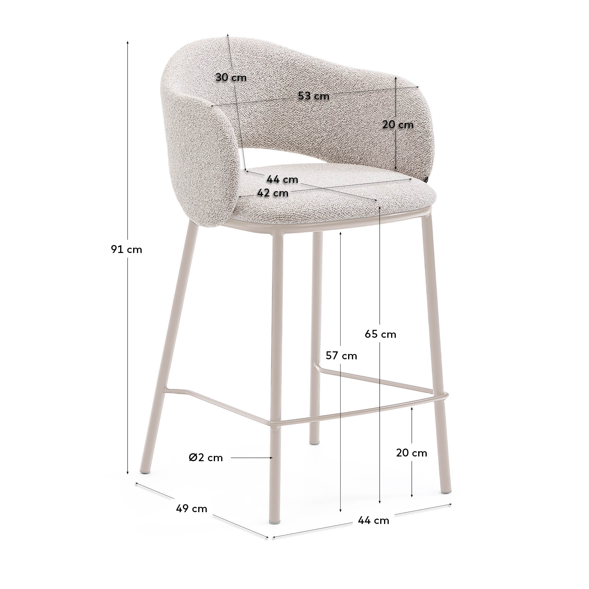 Stilvoller Hocker Maina in beiger Chenille mit stabilen Stahlbeinen. Perfekt für Bar und Esszimmer, Höhe 65 cm, umweltfreundlich gefertigt.