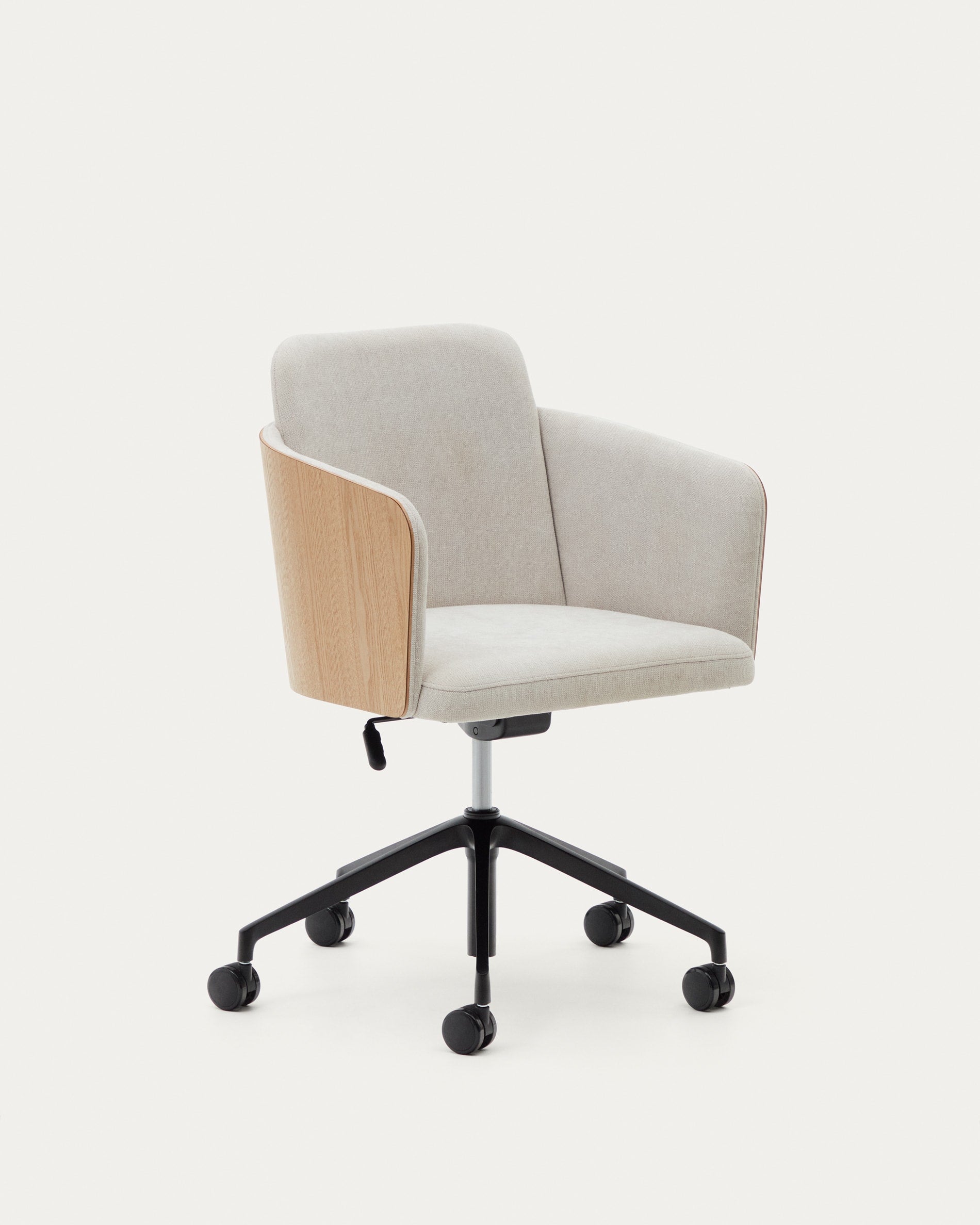 Eleganter, ergonomischer Schreibtischstuhl in Beige mit Eschenfurnier, ideal fürs Büro, umweltfreundlich, AR-kompatibel.