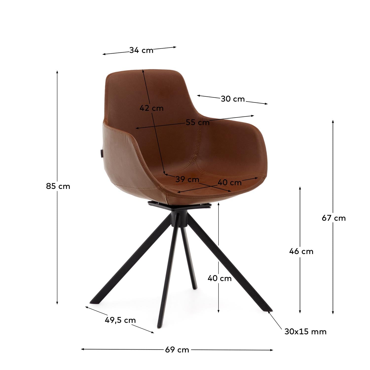 Moderner Drehstuhl Tissiana in braunem Kunstleder mit mattschwarzem Stahlgestell. Ideal für stilvolle Home Offices und ergonomischen Komfort.