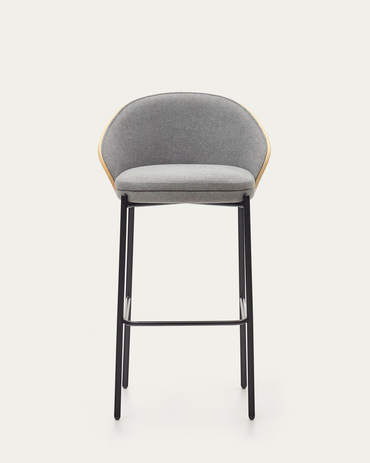 Eamy Hocker hellgraue Chenille Eschenfurnier mit natürlichem Finish und Metall in Schwarz Höhe 77 cm in Grau präsentiert im Onlineshop von KAQTU Design AG. Barhocker ist von Kave Home
