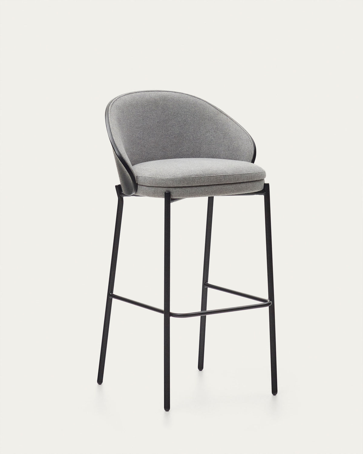 Eamy Hocker hellgraue Chenille Eschenfurnier mit schwarzem Finish und Metall in Schwarz Höhe 77 cm in Schwarz präsentiert im Onlineshop von KAQTU Design AG. Barhocker ist von Kave Home