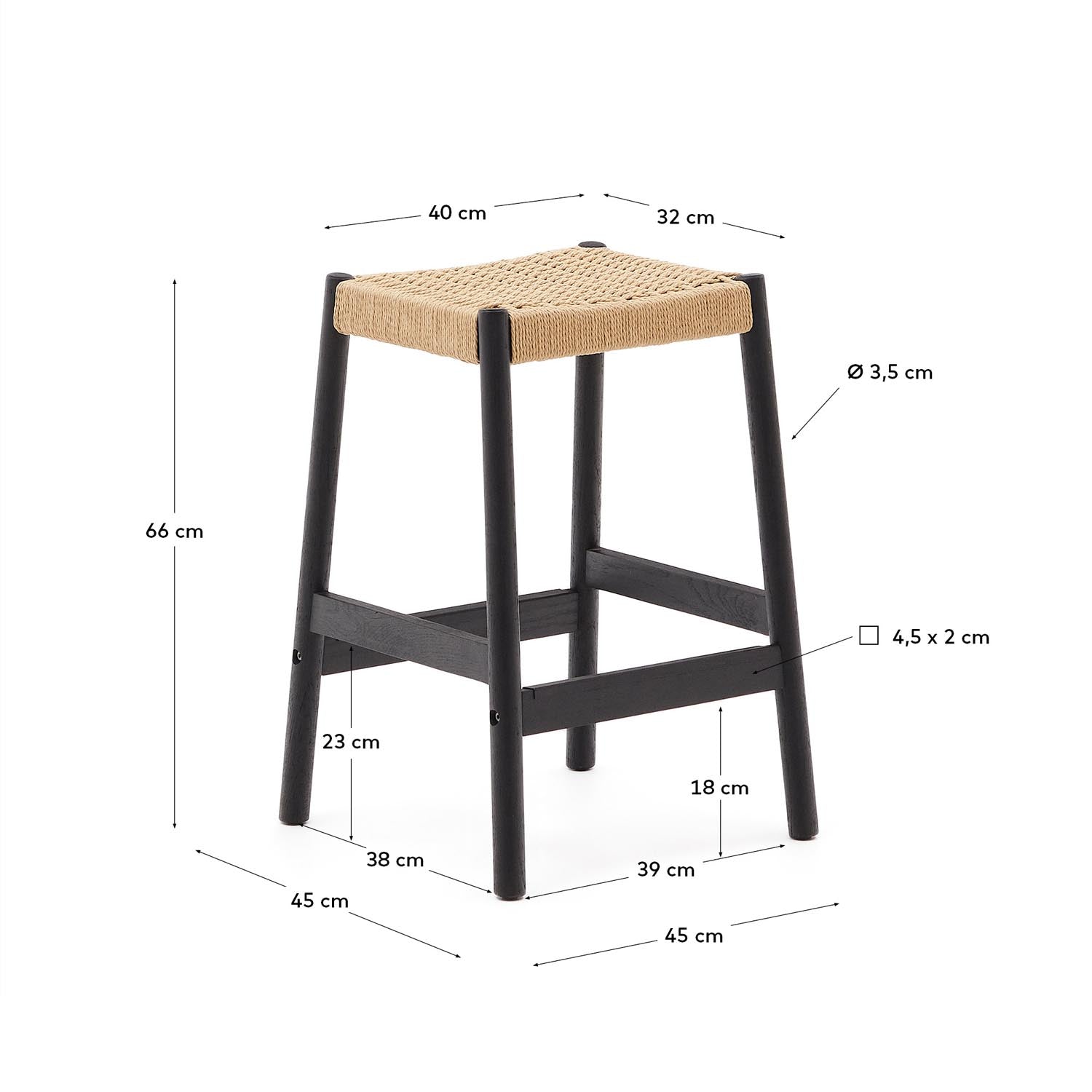 Yalia Hocker aus massivem Eichenholz mit schwarzem Finish und robustem Seilsitz, 65 cm hoch, ideal für modernes Wohnen und nachhaltigen Stil.