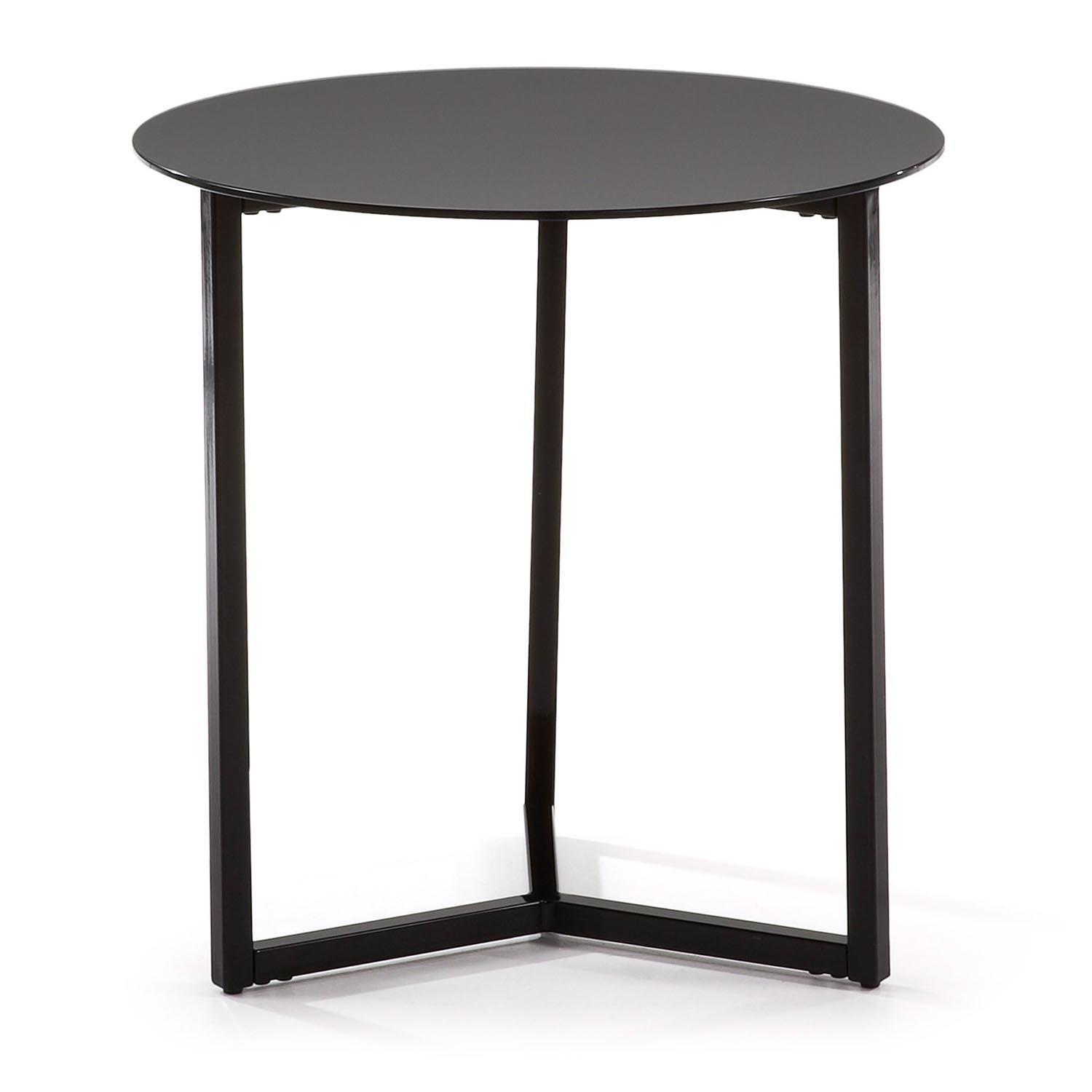 Stilvoller Raeam Beistelltisch: Ø 50 cm, gehärtetes Glas, Stahl, schwarzes Finish. Modern, robust, elegant. Perfekt für jedes Zuhause.