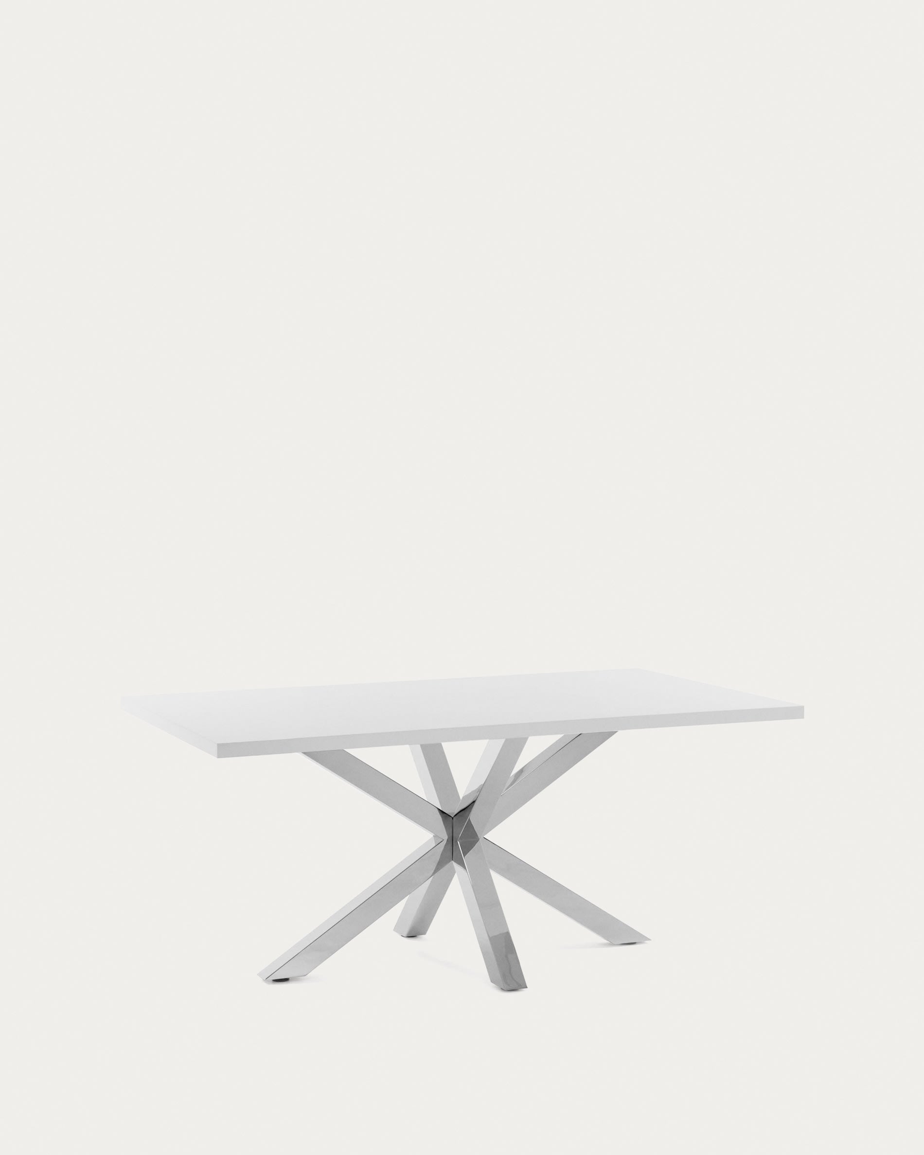 Moderner Tisch Argo: Weisse Melamin-Oberfläche, Edelstahlbeine, 180x100 cm, stilvoll und robust, ideal für Esszimmer oder Büro.