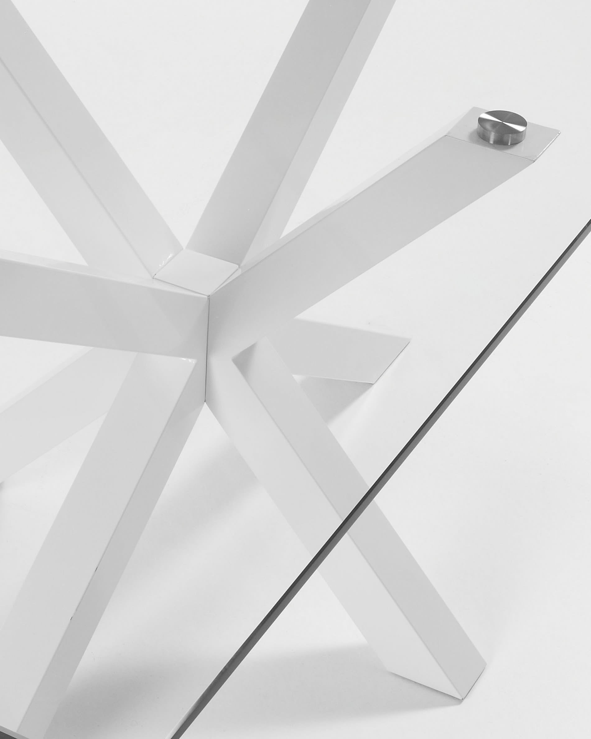 Eleganter Esstisch Argo von Kave Home, 200 x 100 cm, mit pflegeleichter Glasplatte und stabilen, weißen Stahlbeinen – perfekt für gesellige Anlässe.