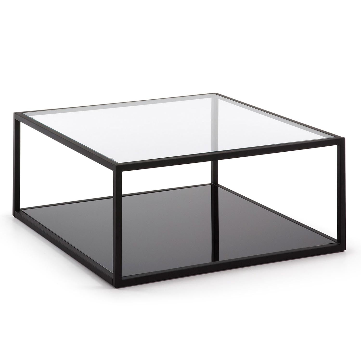 Moderner Blackhill Couchtisch 80x80 cm aus gehärtetem Glas und schwarzem Stahl von Kave Home, ideal für stilvolle Wohnzimmer.