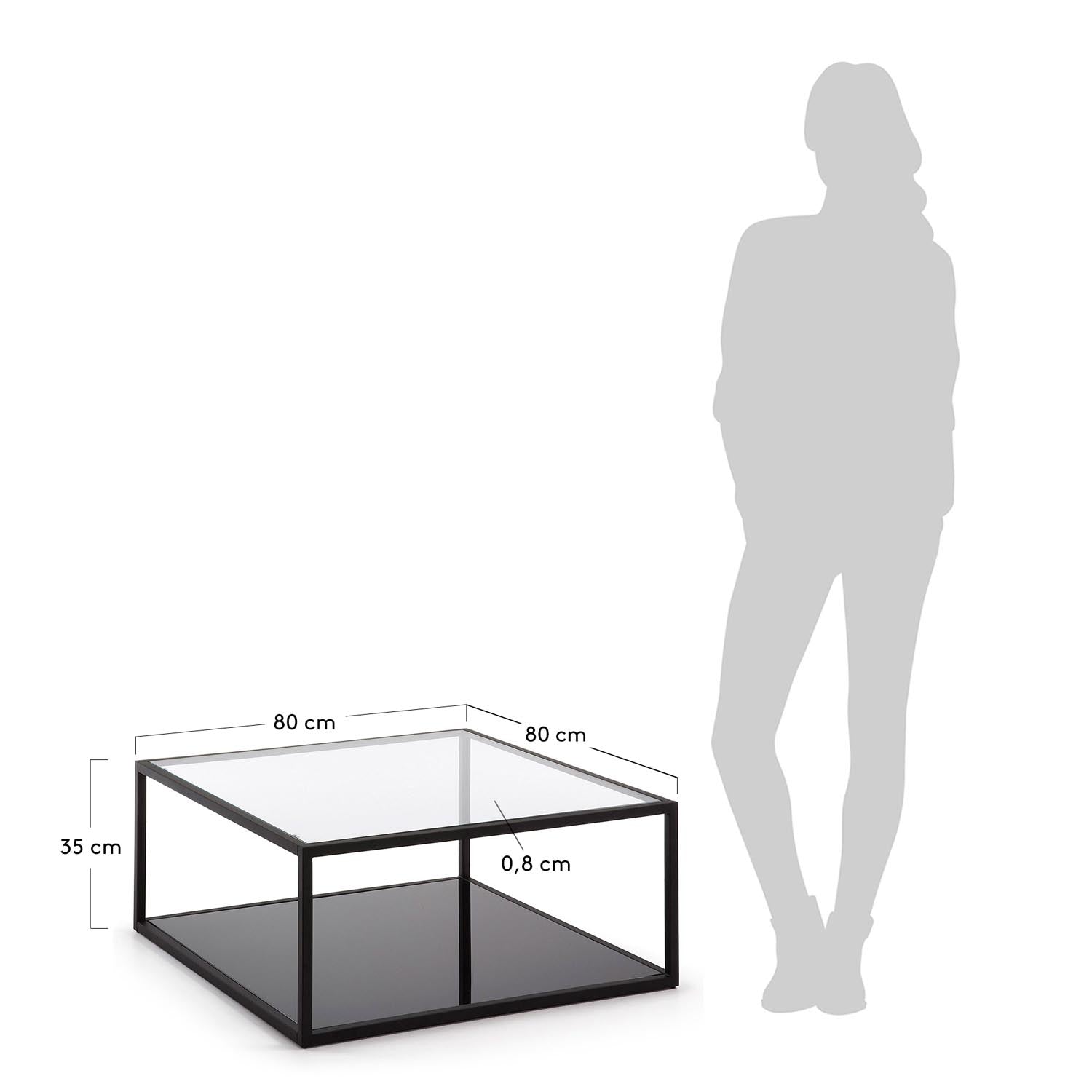Eleganter Couchtisch Blackhill von Kave Home: 80 x 80 cm aus robustem Glas und pulverbeschichtetem Stahl in modernem Schwarz.