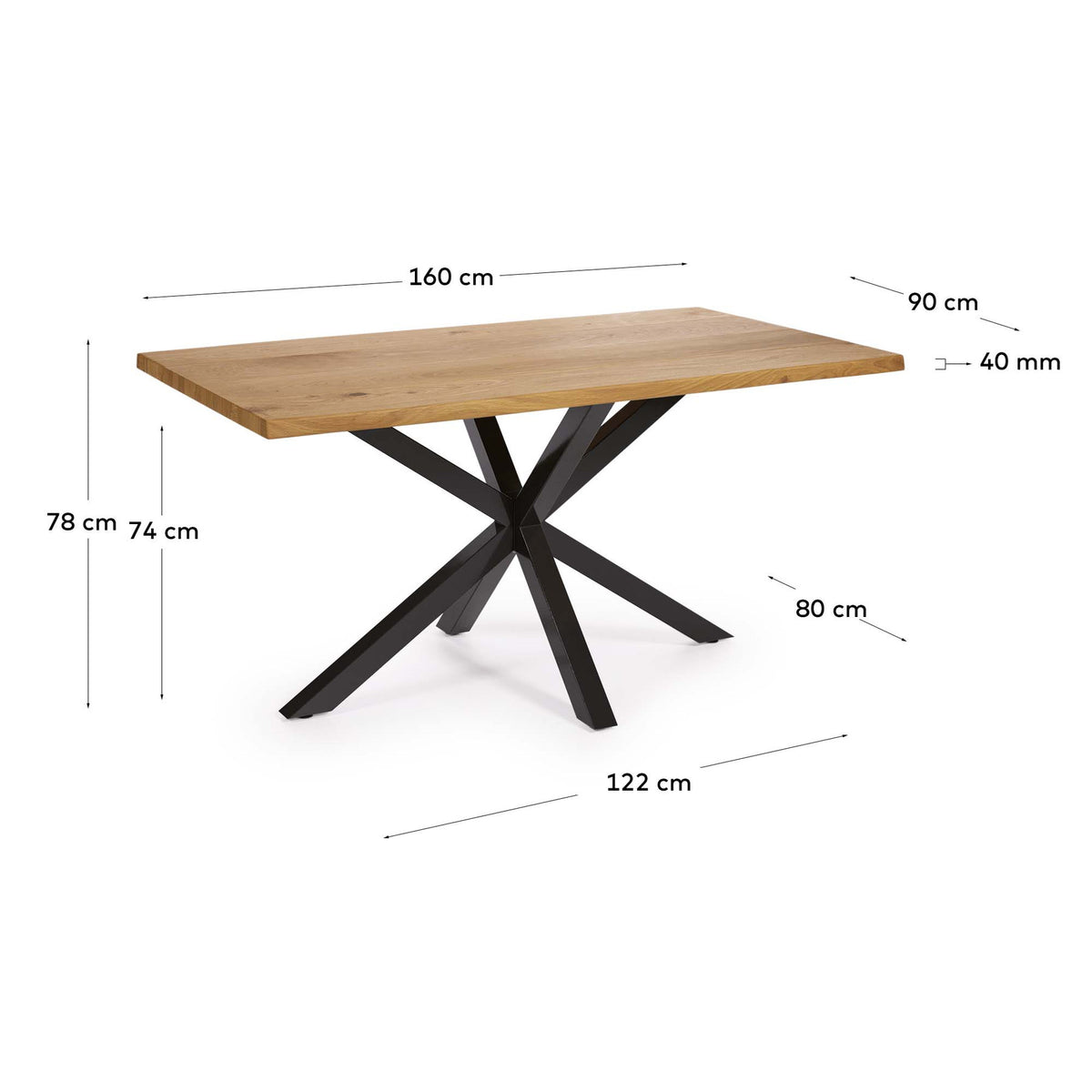 Argo Tisch Eichenfurnier m. natürlichem Finish Stahlbeine mit schwarzem Finish 160 x 90 cm in Natur, Schwarz präsentiert im Onlineshop von KAQTU Design AG. Esstisch ist von Kave Home