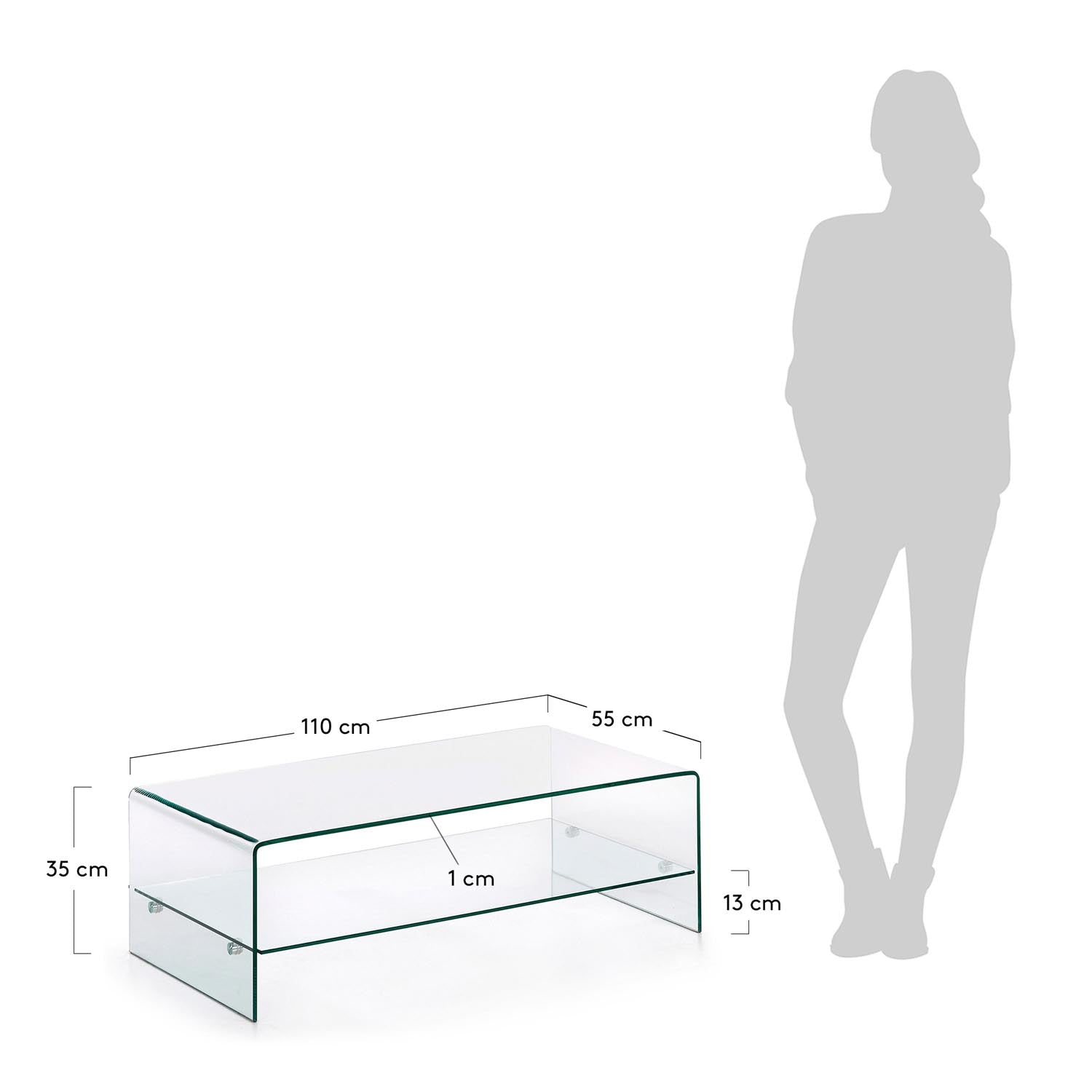 Eleganter Burano Couchtisch aus kratzfestem Glas, 110x55 cm, ideal für kleine Räume. Minimalistisches Design, zeitlos und vielseitig.