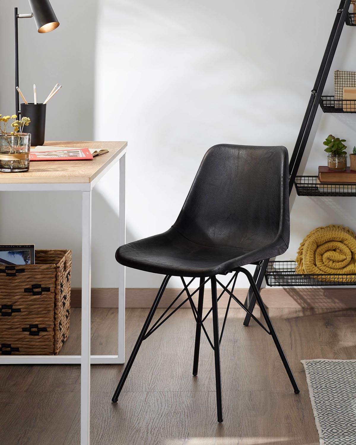 Moderner Talbot Schreibtisch: Natur-Melamin & weisse Stahlbeine, 120x60cm.