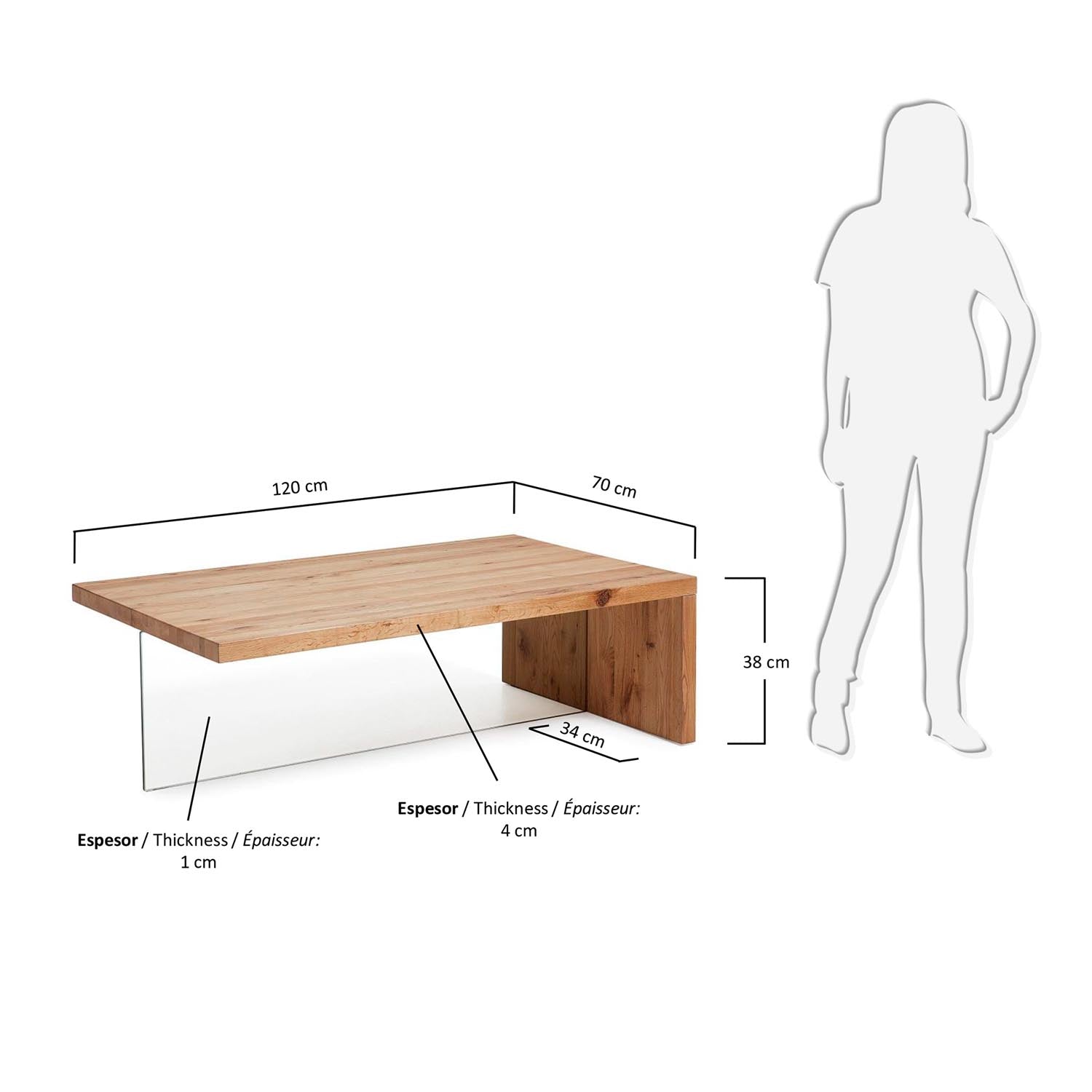 Eleganter Tulsi Couchtisch aus massiver Eiche und Glas, 120x70 cm, von Kave Home. Robust, modern, funktional.