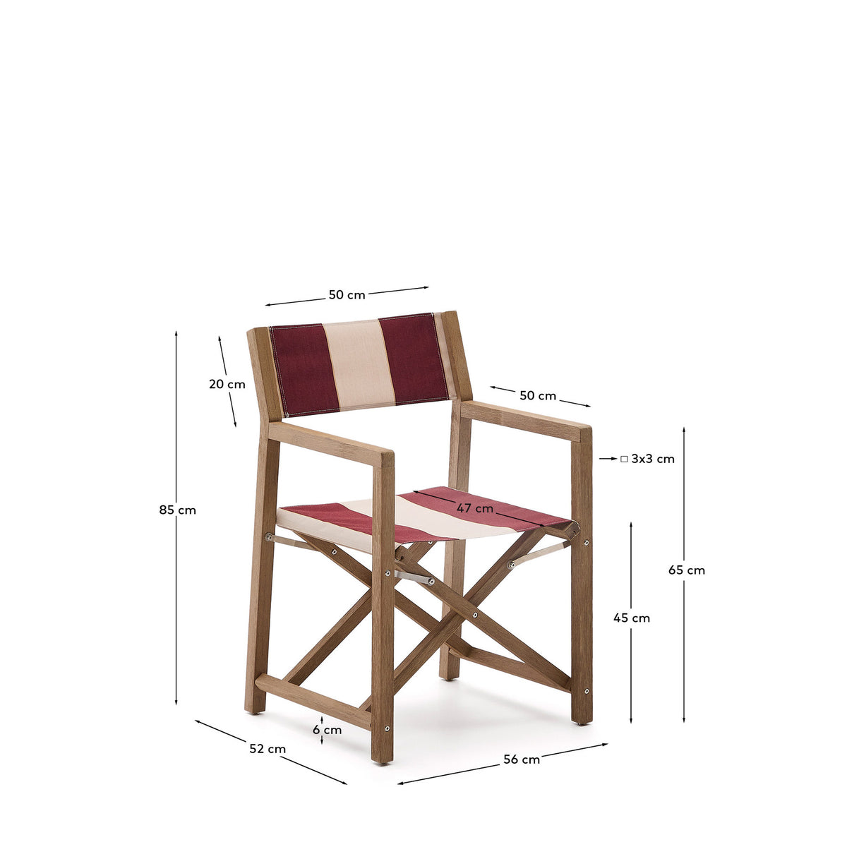 Weinrot-beige gestreifter Outdoor-Klappstuhl Vilara aus massivem Akazienholz, FSC 100% in Weiss, Braun präsentiert im Onlineshop von KAQTU Design AG. Gartenstuhl mit Armlehnen ist von Kave Home