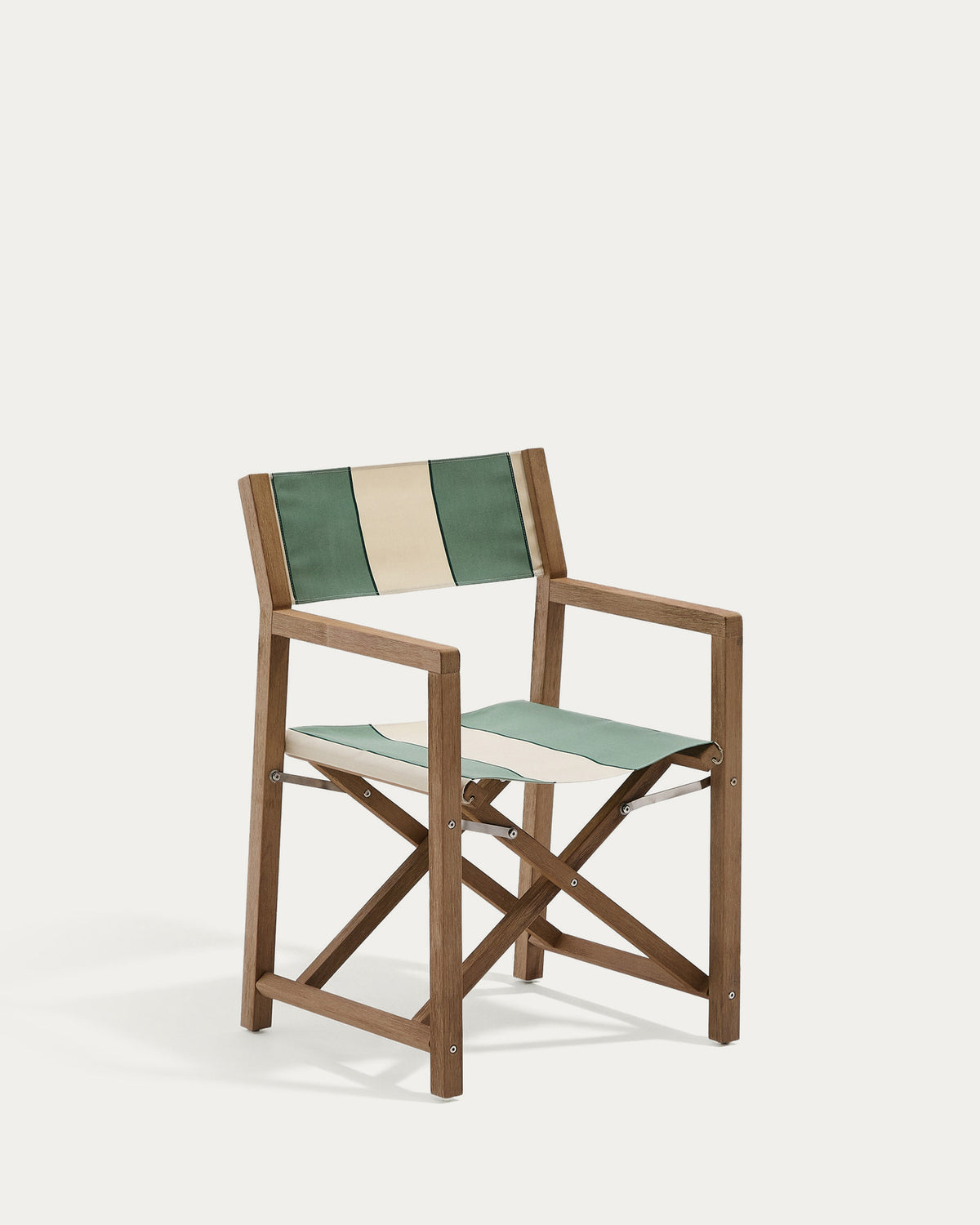 Grün-beige gestreifter Outdoor-Klappstuhl Vilara aus massivem Akazienholz, FSC™ 100% in Grün, Weiss, Braun präsentiert im Onlineshop von KAQTU Design AG. Gartenstuhl mit Armlehnen ist von Kave Home
