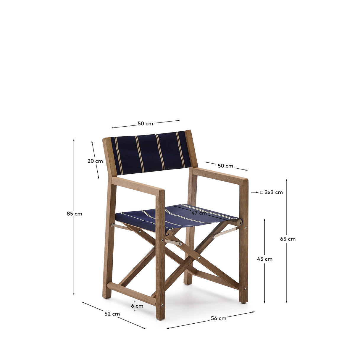 Blau-beige gestreifter Outdoor-Klappstuhl Vilara aus massivem Akazienholz, FSC™ 100% in Dunkelblau, Weiss, Braun präsentiert im Onlineshop von KAQTU Design AG. Gartenstuhl mit Armlehnen ist von Kave Home
