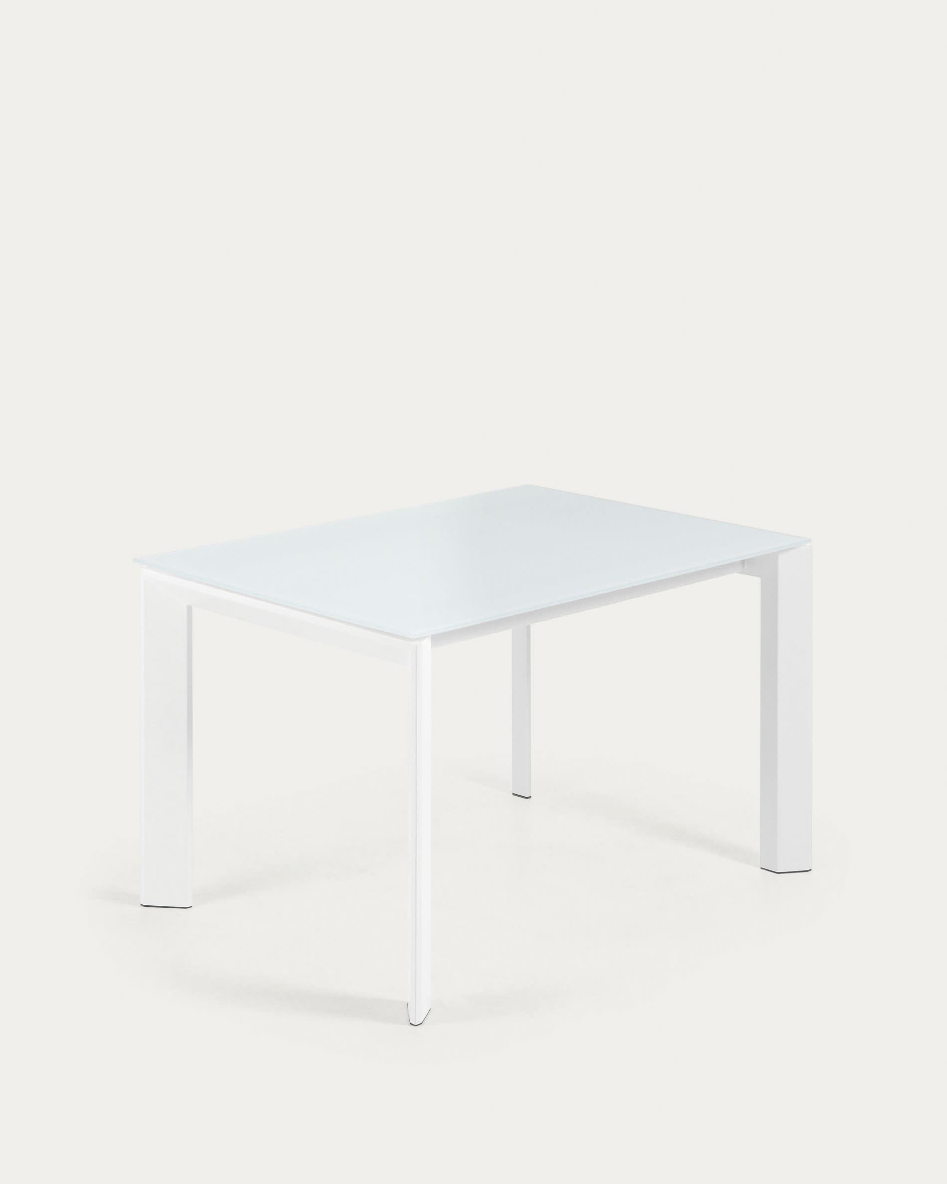 3D-Modell: Axis Ausziehtisch, weisse Glasplatte, Stahlbeine, ausziehbar 120-180 cm, elegant und stilvoll.