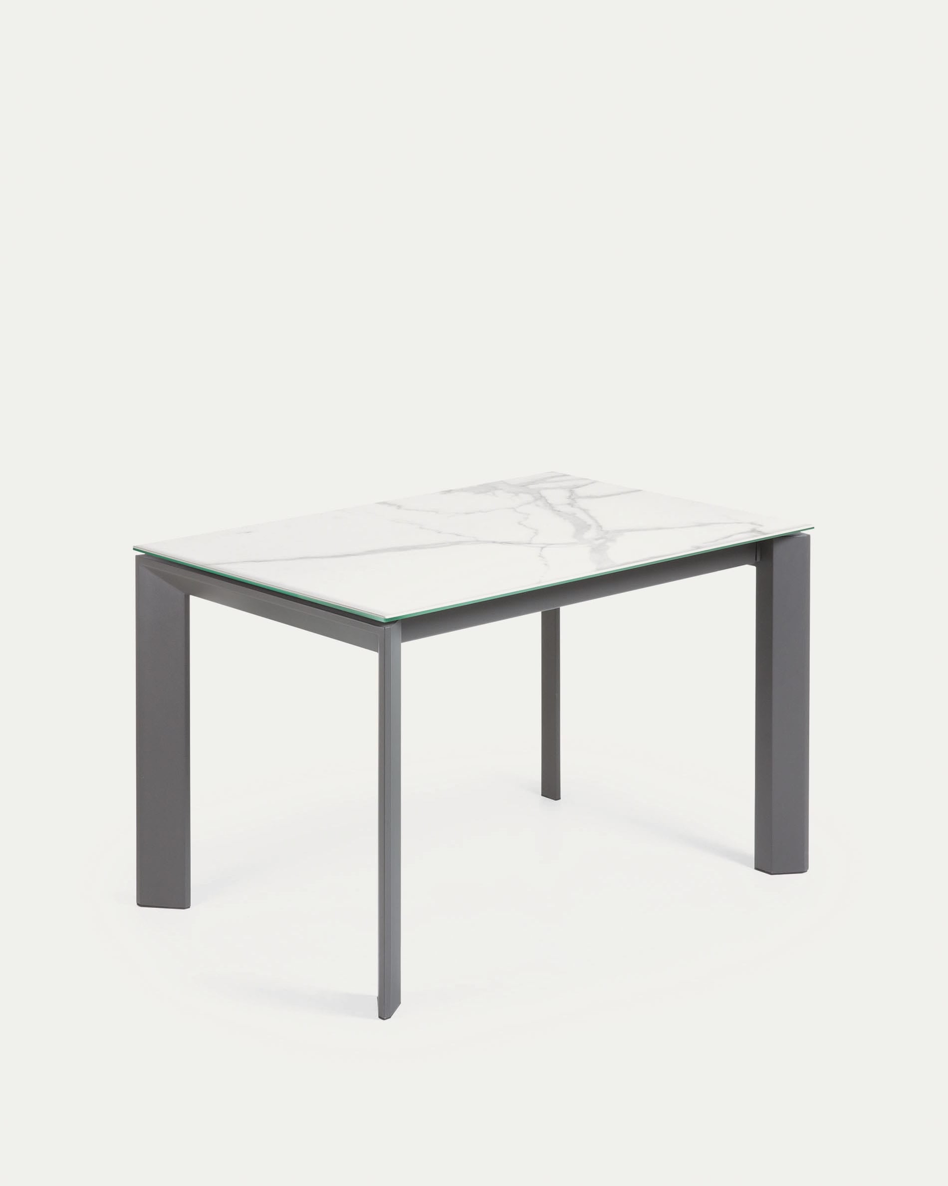 Axis Ausziehtisch: Kalos Weiss Feinsteinzeug, dunkelgraue Beine, ausziehbar 120-180 cm, modern, robust, pflegeleicht.