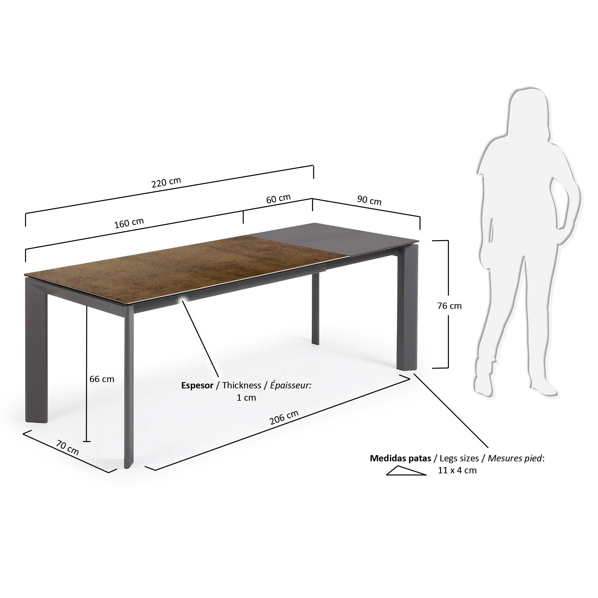 Eleganter Ausziehtisch aus Feinsteinzeug mit stabilen, dunkelgrauen Iron Corten Beinen. Flexibel von 160 auf 220 cm erweiterbar – perfekt für jedes Esszimmer.