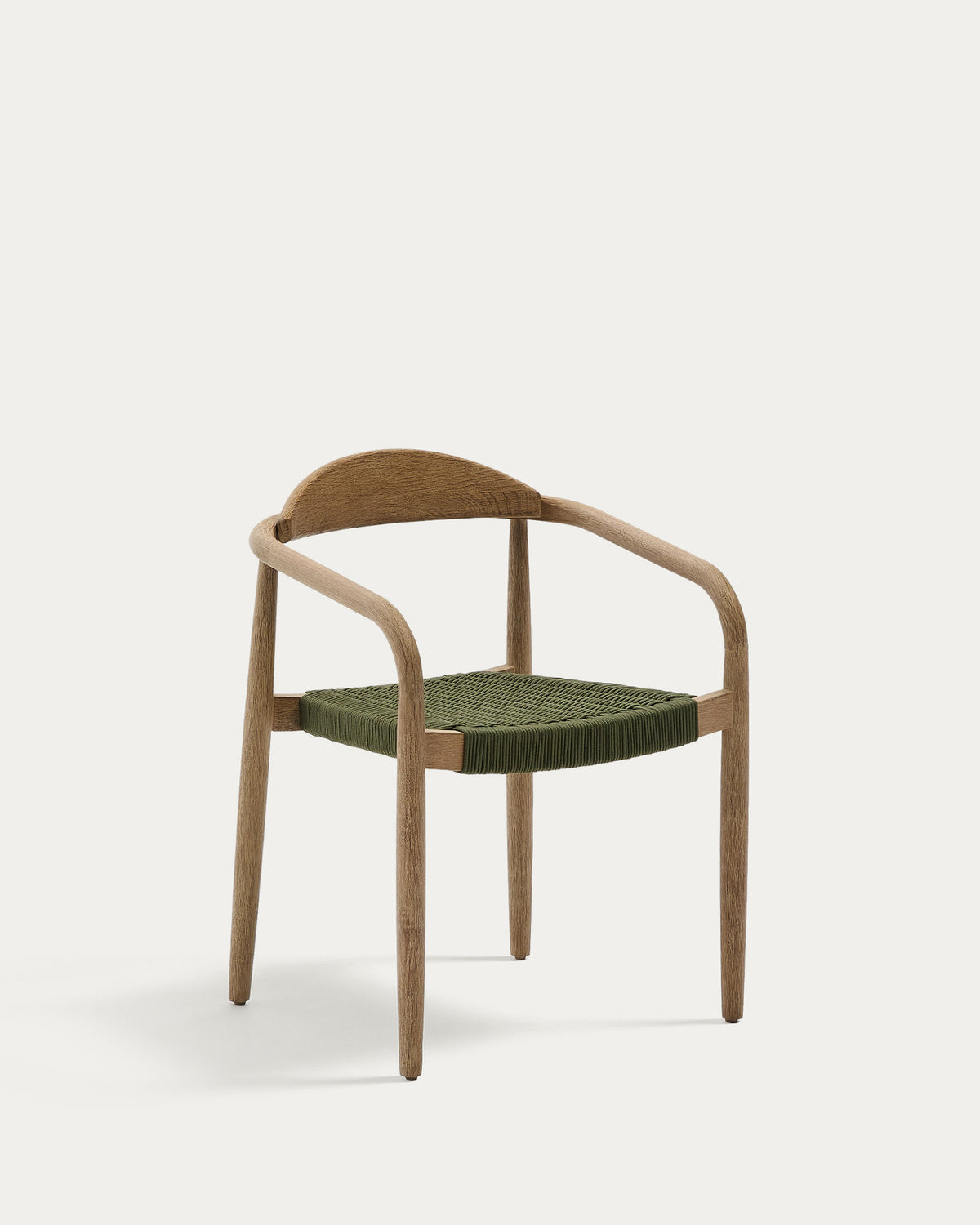 Stapelbarer Stuhl Nina aus massivem Akazienholz und grünem Seil FSC 100% in Dunkelgrün, Natur, Beige präsentiert im Onlineshop von KAQTU Design AG. Gartenstuhl mit Armlehnen ist von Kave Home