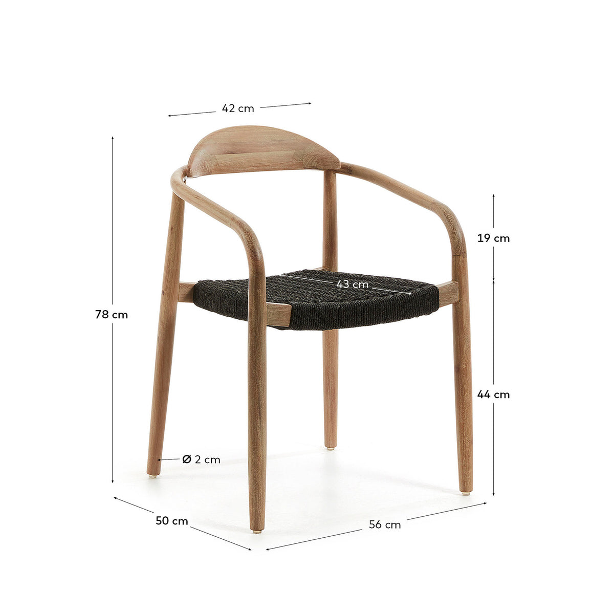 Stapelbarer Stuhl Nina aus massivem Akazienholz und schwarzem Seil FSC 100% in Schwarz, Natur präsentiert im Onlineshop von KAQTU Design AG. Gartenstuhl mit Armlehnen ist von Kave Home