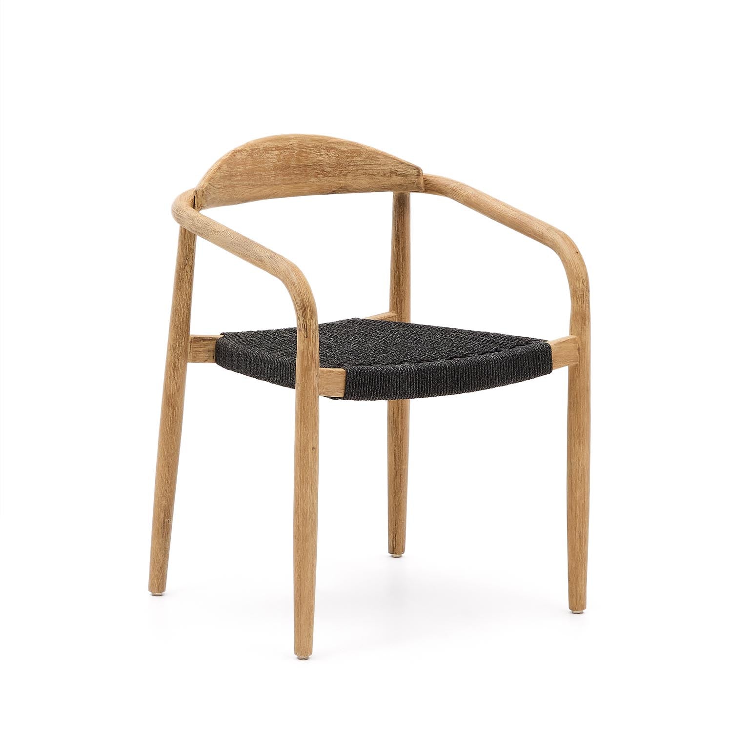 Moderner, stapelbarer Stuhl aus FSC-zertifiziertem Akazienholz und handgefertigtem Seil, ideal für drinnen und draussen.