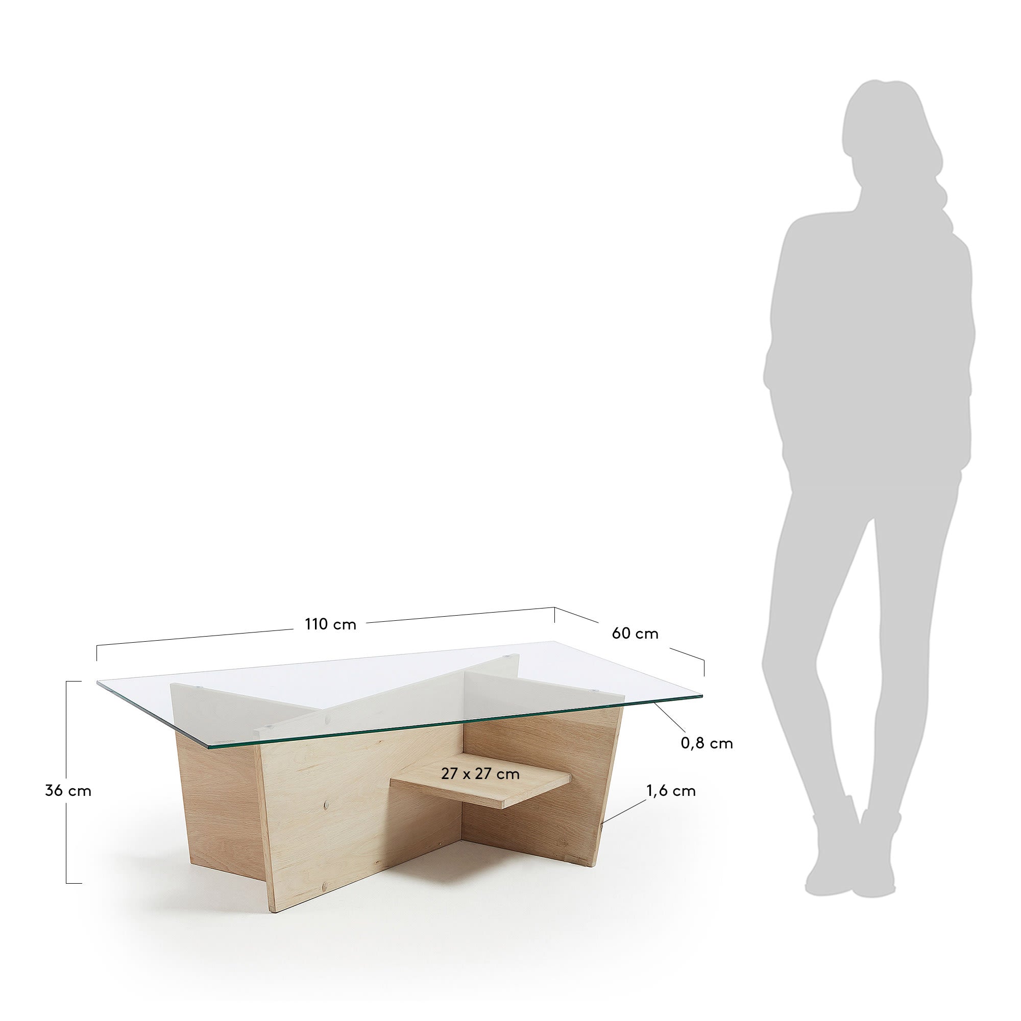Eleganter Balwind Couchtisch von Kave Home, 110 x 60 cm, aus Glas und Holz. Perfekt für stilvolle Wohnzimmer und vielseitige Nutzung.