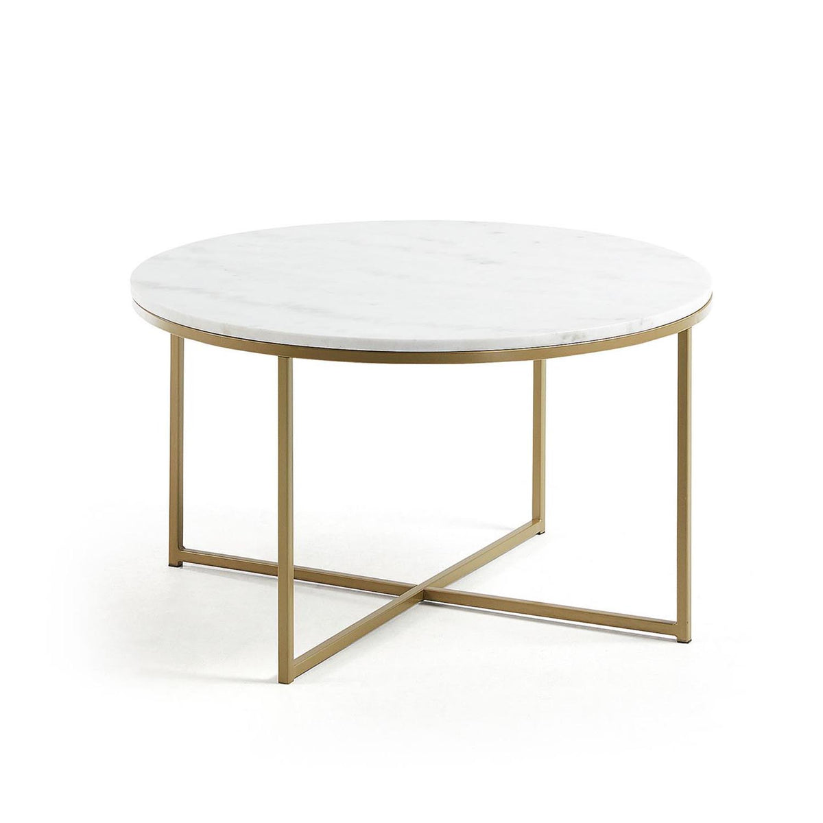 Sheffield Couchtisch aus weissem Marmor und Stahlbeinen mit goldenem Finish Ø 80 cm in Weiss, Gold präsentiert im Onlineshop von KAQTU Design AG. Beistelltisch ist von Kave Home