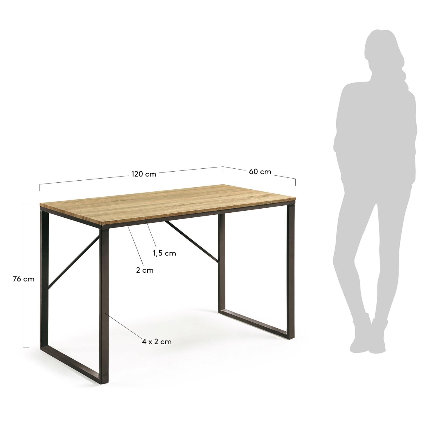 Moderner Talbot Schreibtisch: MDF Naturfinish, schwarze Stahlbeine, 120x60 cm. Ideal für Home-Office, robust und stilvoll.