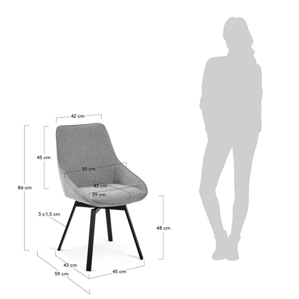 Jenna Drehstuhl hellgrau und Stahlbeine mit schwarzem Finish FSC 100% in Grau, Schwarz präsentiert im Onlineshop von KAQTU Design AG. Dreh-Schalenstuhl mit Armlehnen ist von Kave Home