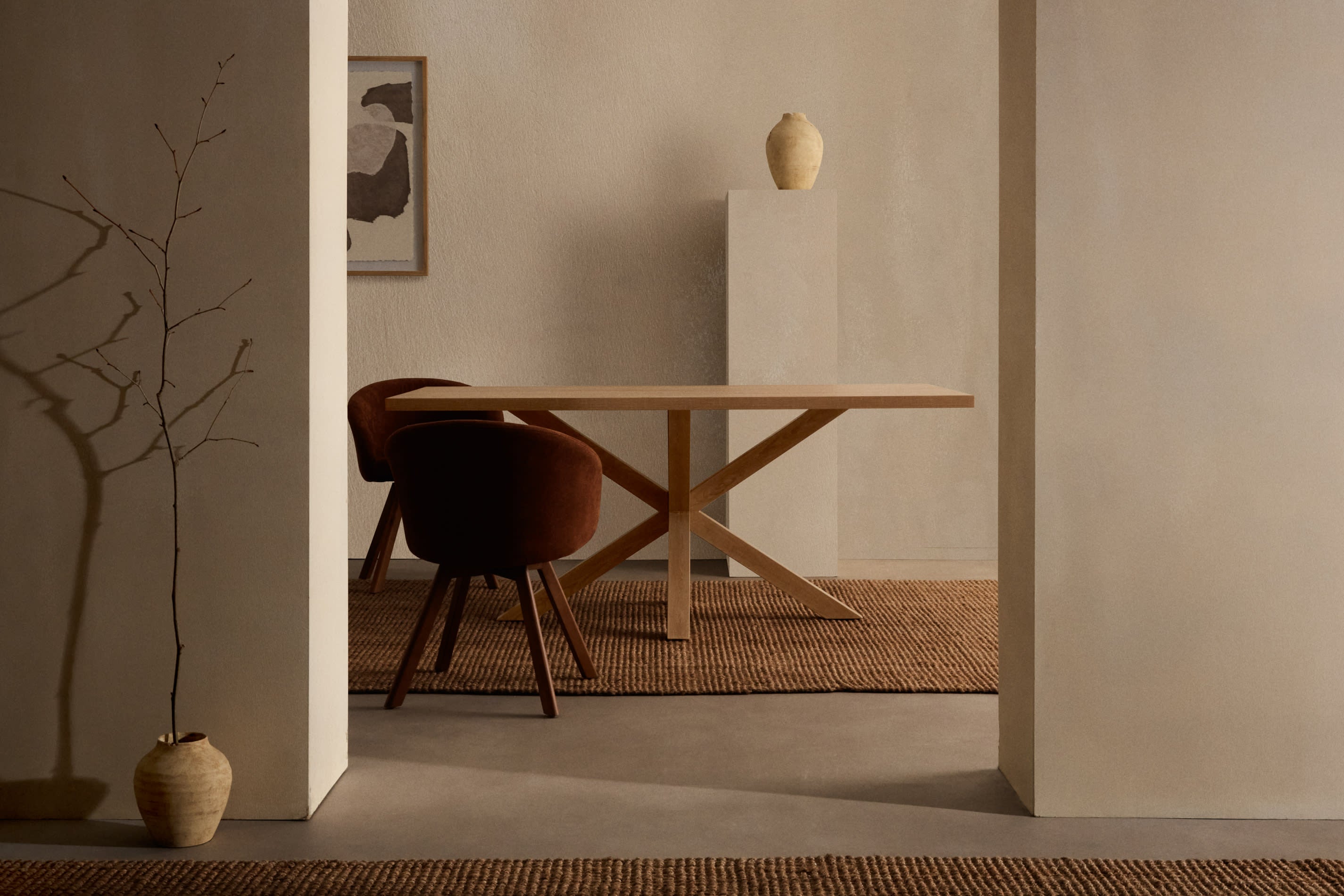 Tisch Argo: Natürliche Melamin-Oberfläche, Stahlbeine in Holzoptik, 160x100 cm, modernes Design für stilvolle Wohnräume.