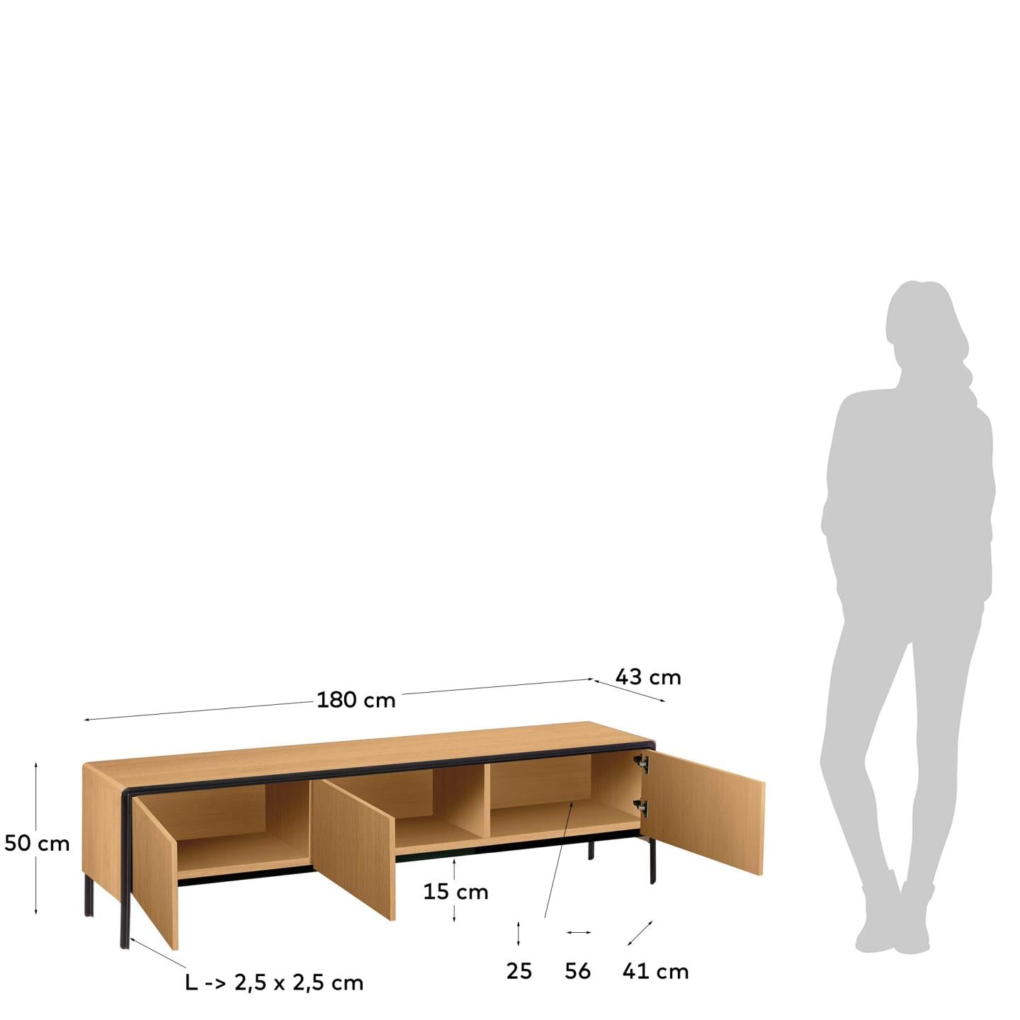 Moderner TV-Schrank Nadyria mit drei Türen aus Eichenfurnier und schwarzem Stahl, perfekt für stilvolle Wohnräume, Maße 180 x 50 cm.