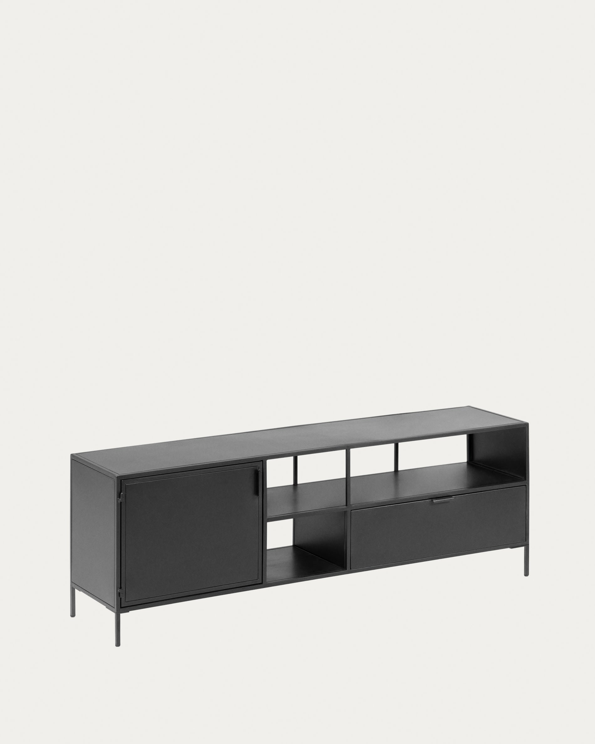 Eleganter TV-Schrank aus schwarzem Metall, 150x50 cm, mit 1 Tür und 1 Schublade. Modernes Design von Kave Home.