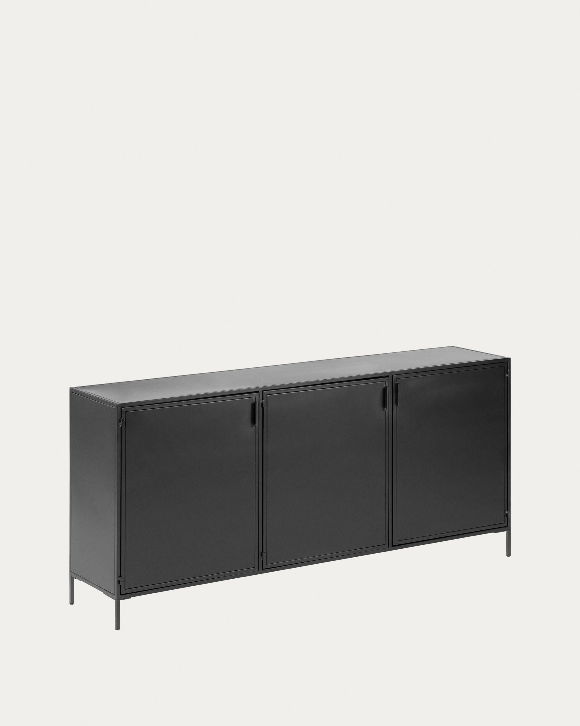 Elegantes Sideboard aus schwarzem Stahl, 160x72 cm, mit 3 Türen. Perfekt für stilvollen Stauraum im Industrial Design.