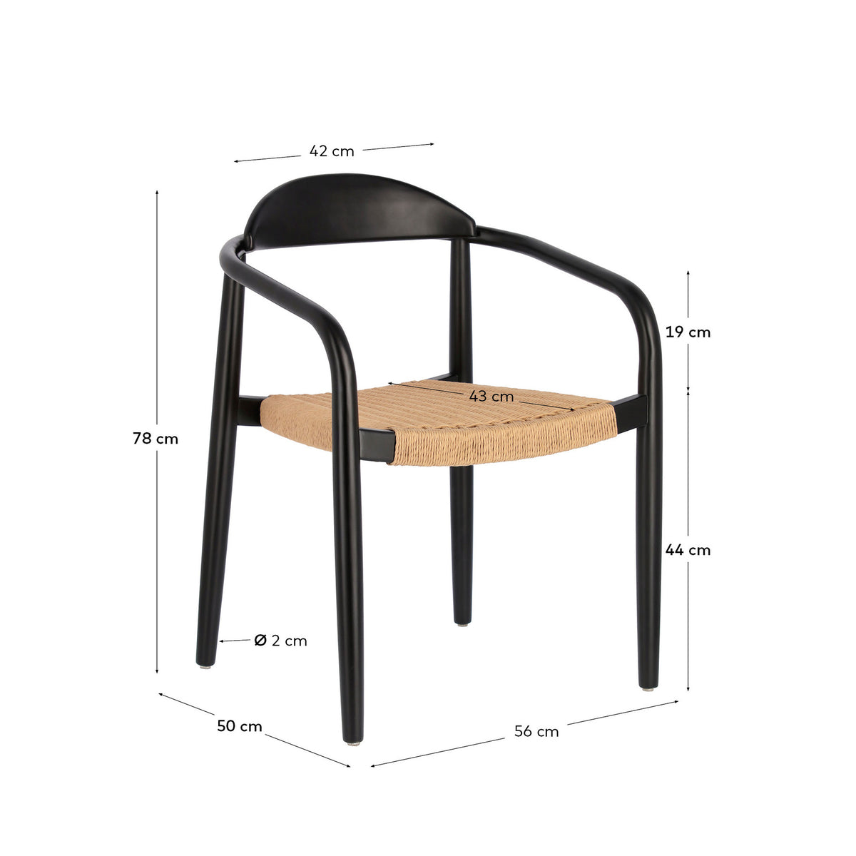 Nina stapelbarer Stuhl aus massivem Akazienholz und Papierseil beige FSC 100% in Schwarz präsentiert im Onlineshop von KAQTU Design AG. Stuhl mit Armlehne ist von Kave Home