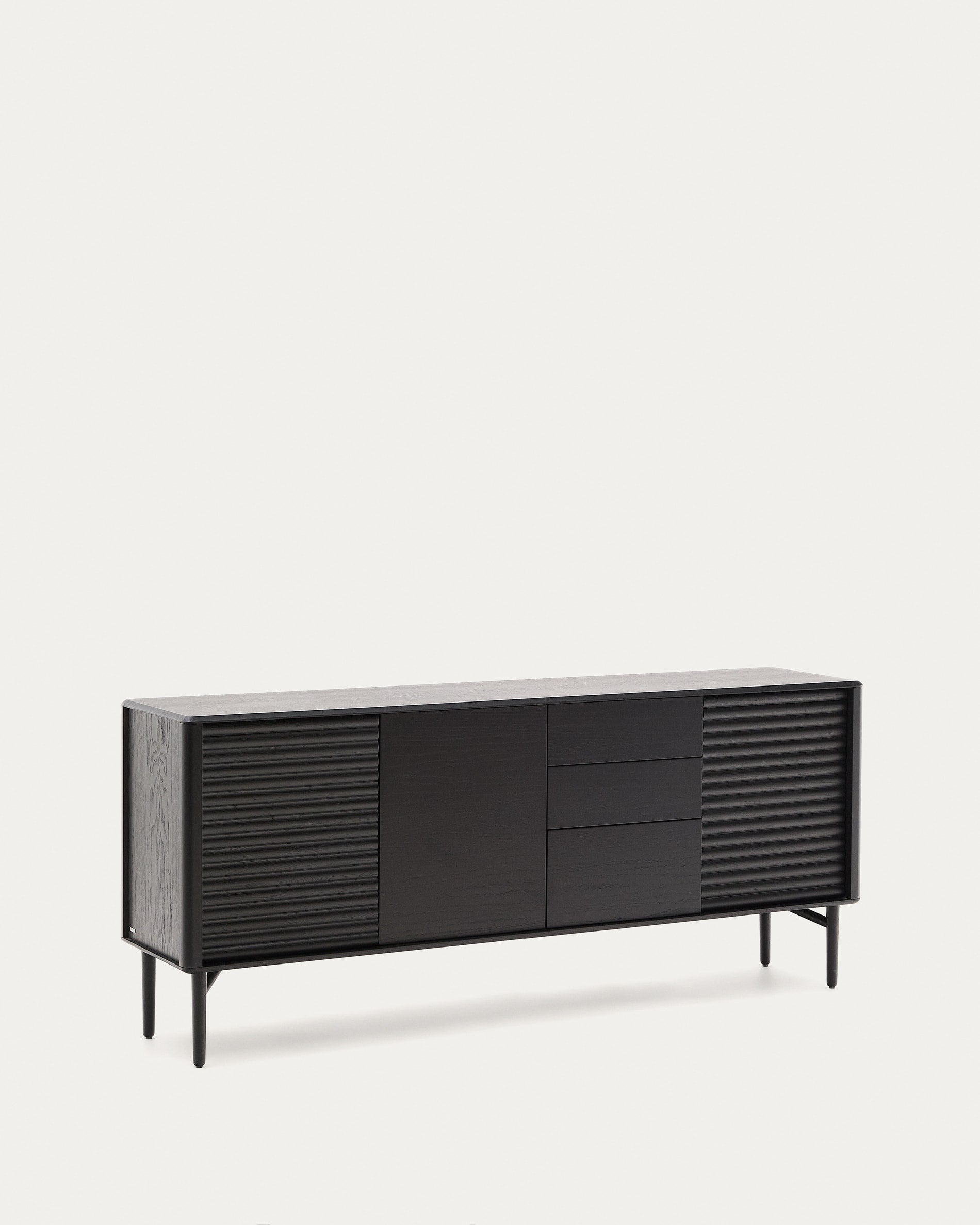 Stilvolles Highboard Lenon aus Eiche, schwarz, mit 3 Türen, 3 Schubladen, FSC-zertifiziert, 200x86cm, massiv und furniert.