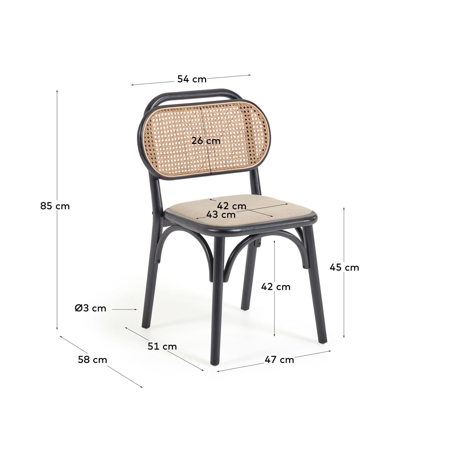 Stilvoller Doriane Stuhl aus robuster Ulme mit elegantem schwarzen Finish und bequemer Polsterung – ideal für jedes Zuhause.