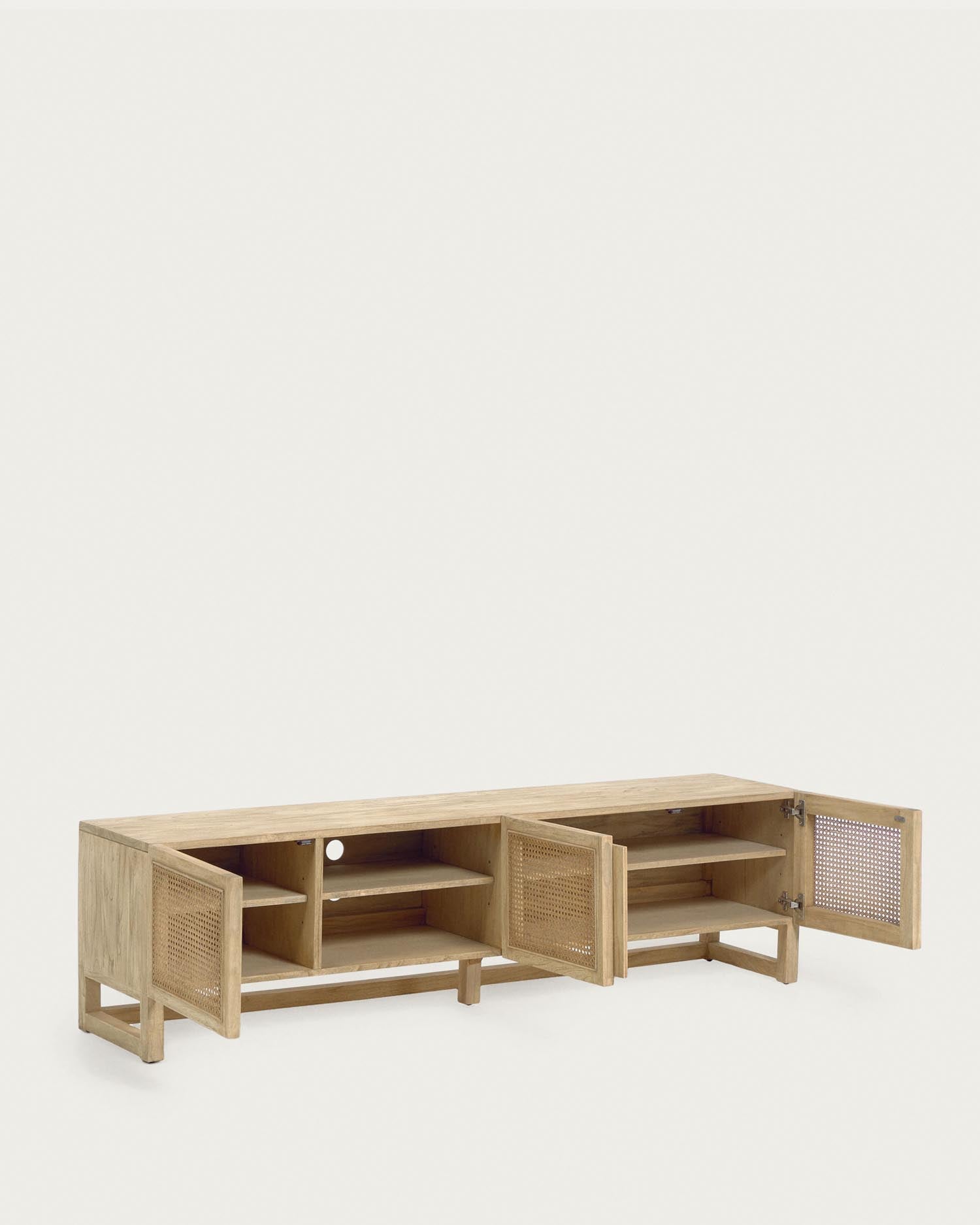 Eleganter TV-Schrank aus massivem Mindiholz mit Rattan-Details, 3 Türen, 180x50 cm, ideal für stilvolle Wohnräume.