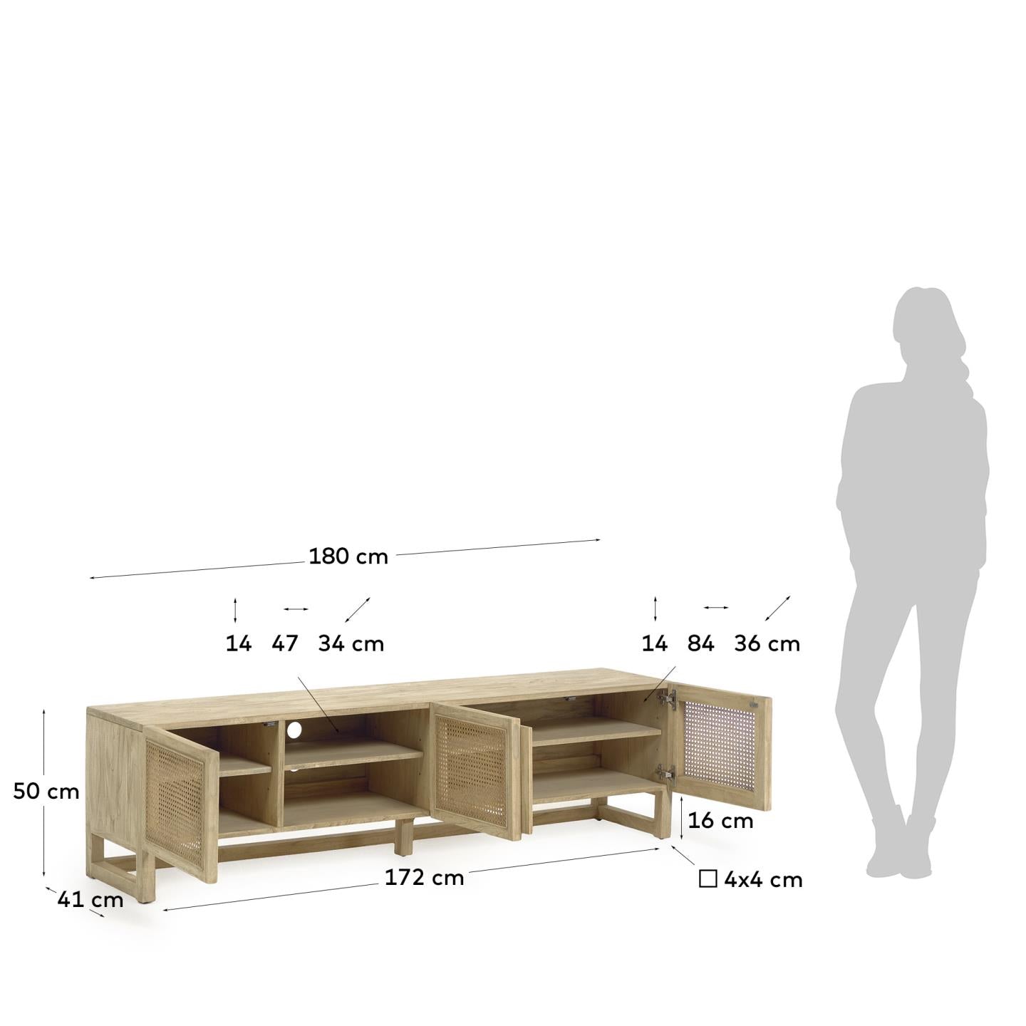Eleganter Rexit TV-Schrank aus robustem Mindiholz und handgeflochtenem Rattan, 3 Türen, 180 x 50 cm – ideal für stilvolle Wohnräume.