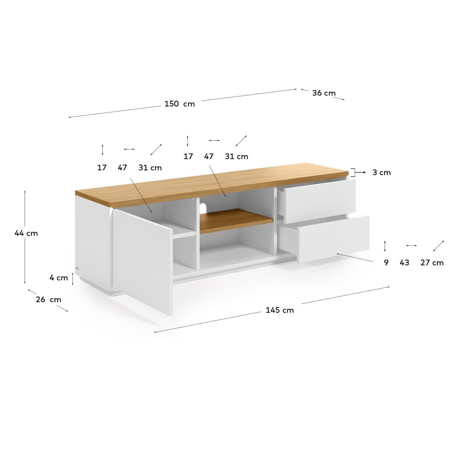Eleganter Abilen TV-Schrank von Kave Home aus Eichenfurnier mit 1 Tür und 2 Schubladen. Ideal für modernes Wohnen und umweltbewusste Einrichtung.