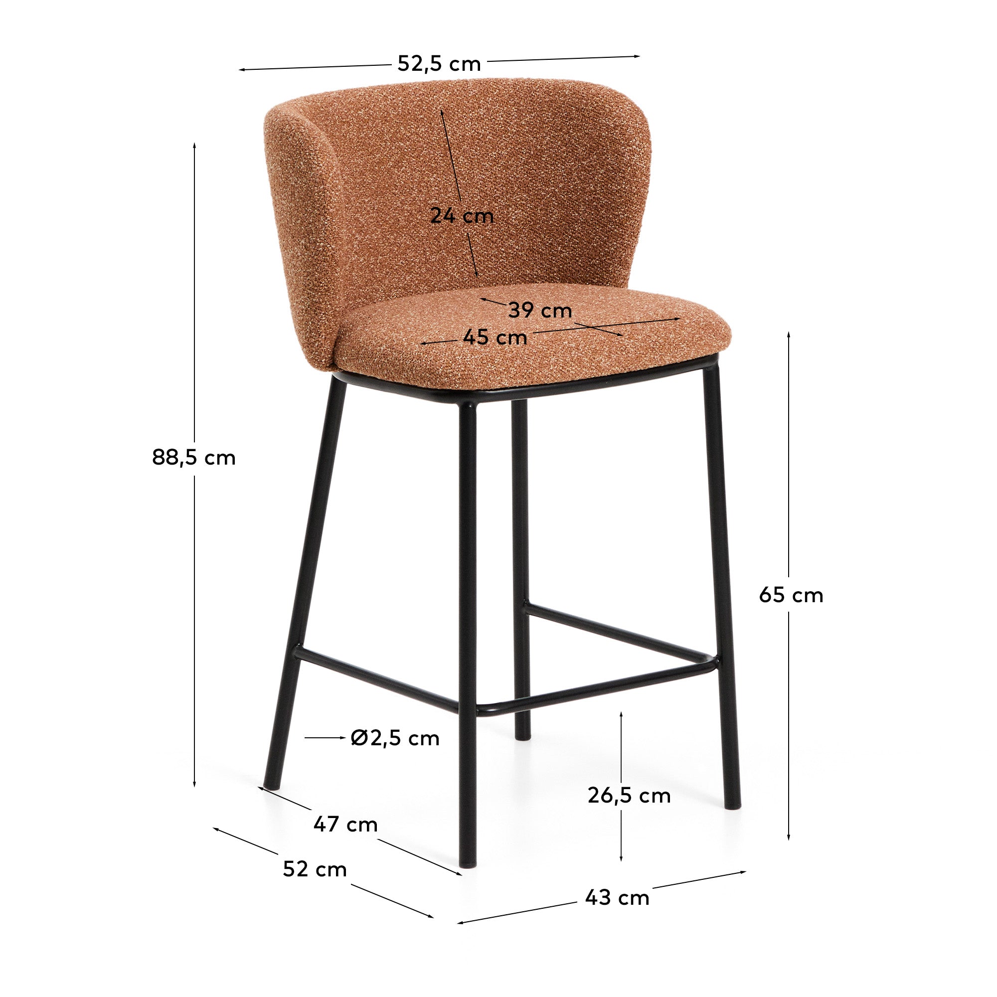 Eleganter Hocker Ciselia aus weichem, terrakottafarbenem Chenille mit robusten Stahlbeinen in Schwarz, ideal für stilvolle Bar- und Esszimmer.