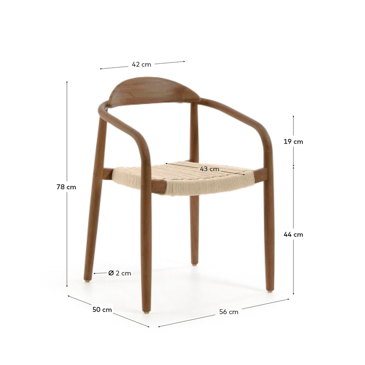 Stapelbarer Stuhl Nina aus massivem Akazienholz mit Nussbaum-Finish und beigem Seil FSC 100% in Natur, Beige präsentiert im Onlineshop von KAQTU Design AG. Gartenstuhl mit Armlehnen ist von Kave Home